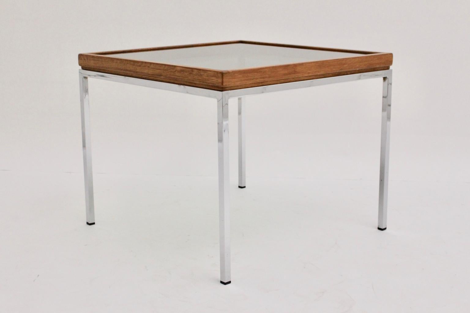 Mid-Century Modern Vintage Chrome and Oak Square Coffee Table, Austria, 1970s In Good Condition For Sale In Vienna, AT