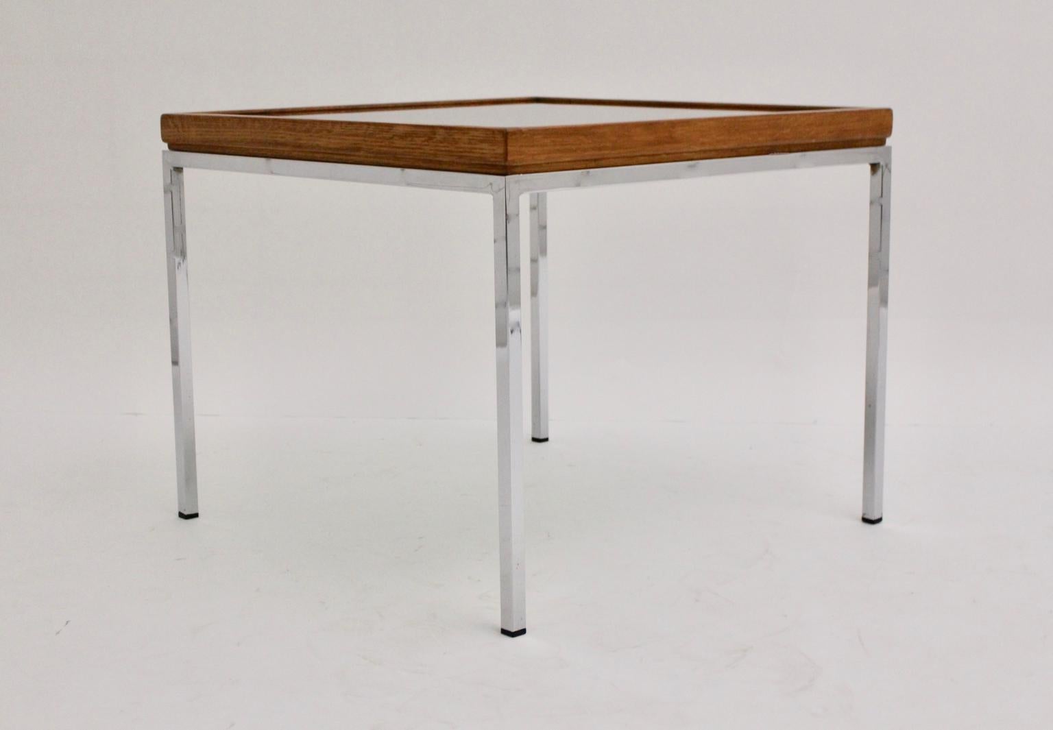 Late 20th Century Mid-Century Modern Vintage Chrome and Oak Square Coffee Table, Austria, 1970s For Sale