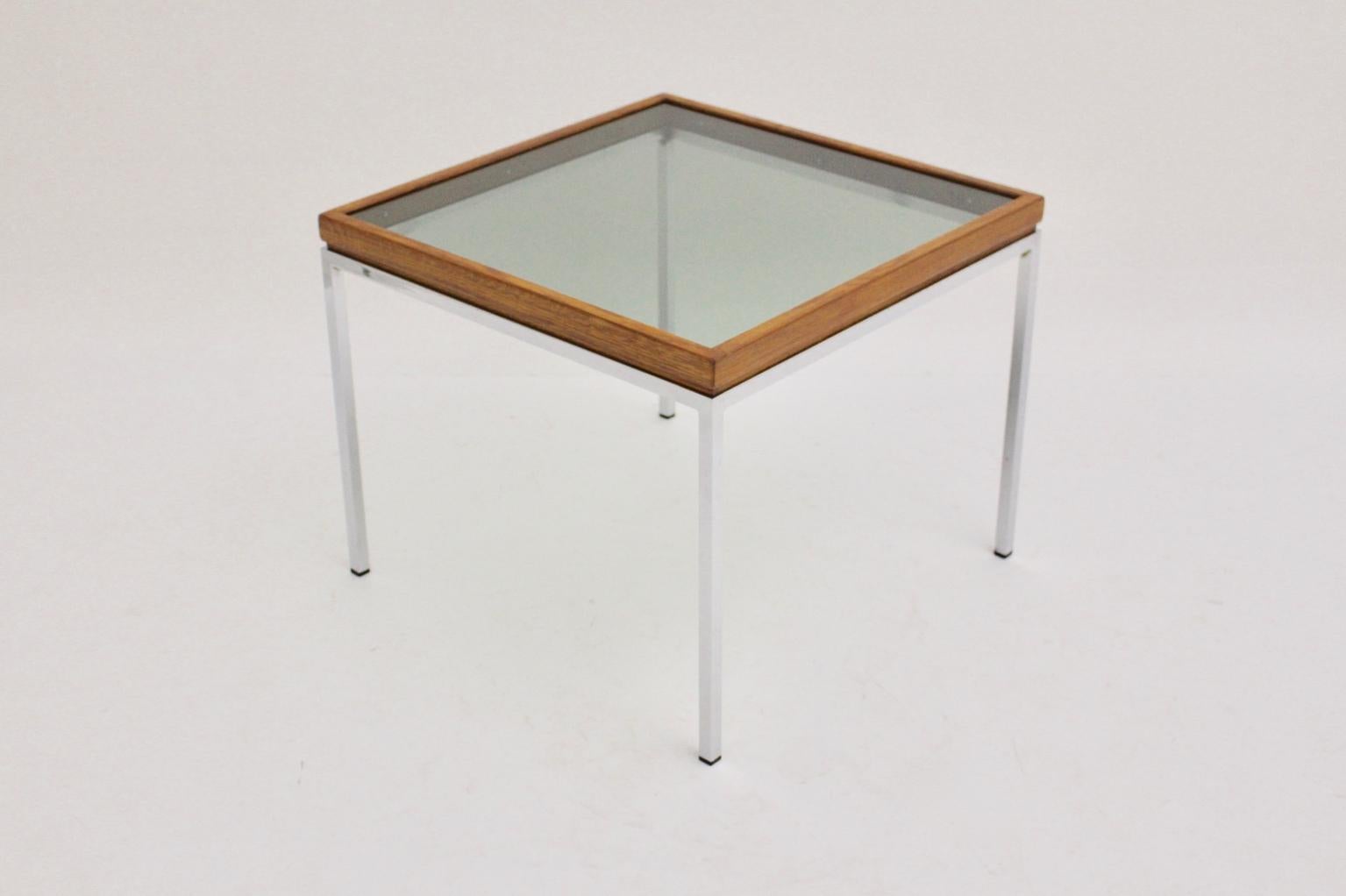 Mid-Century Modern Vintage Chrome and Oak Square Coffee Table, Austria, 1970s For Sale 1