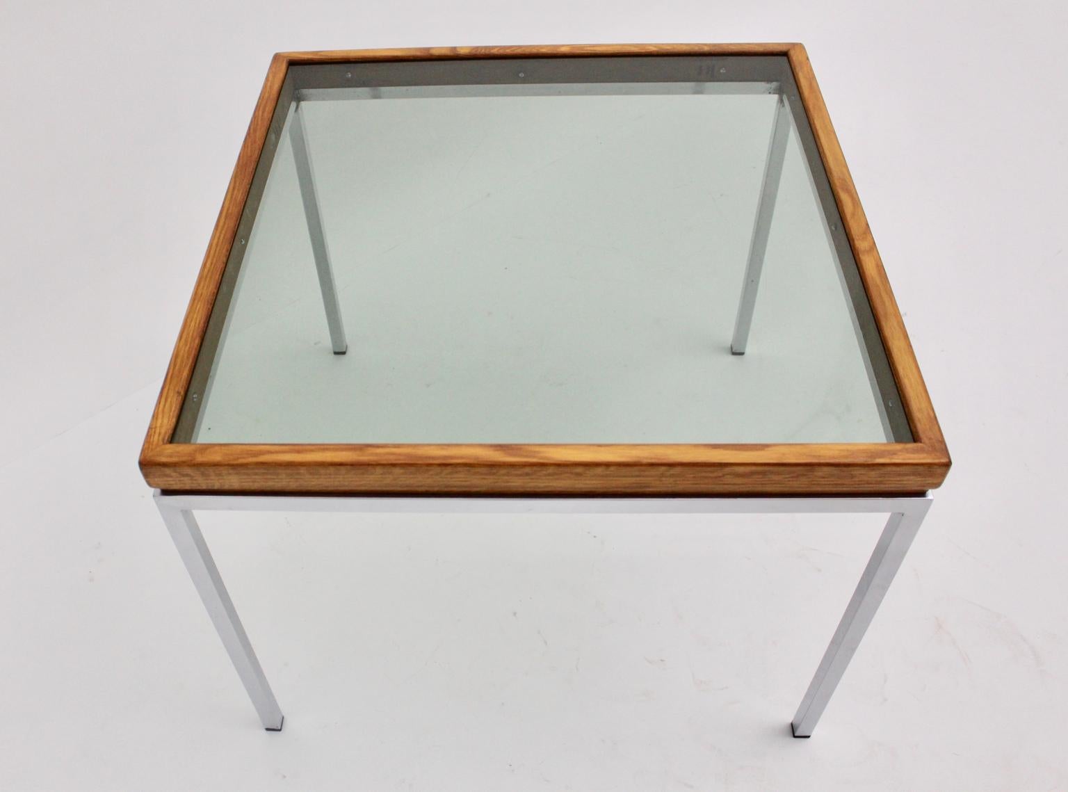 Mid-Century Modern Vintage Chrome and Oak Square Coffee Table, Austria, 1970s For Sale 2