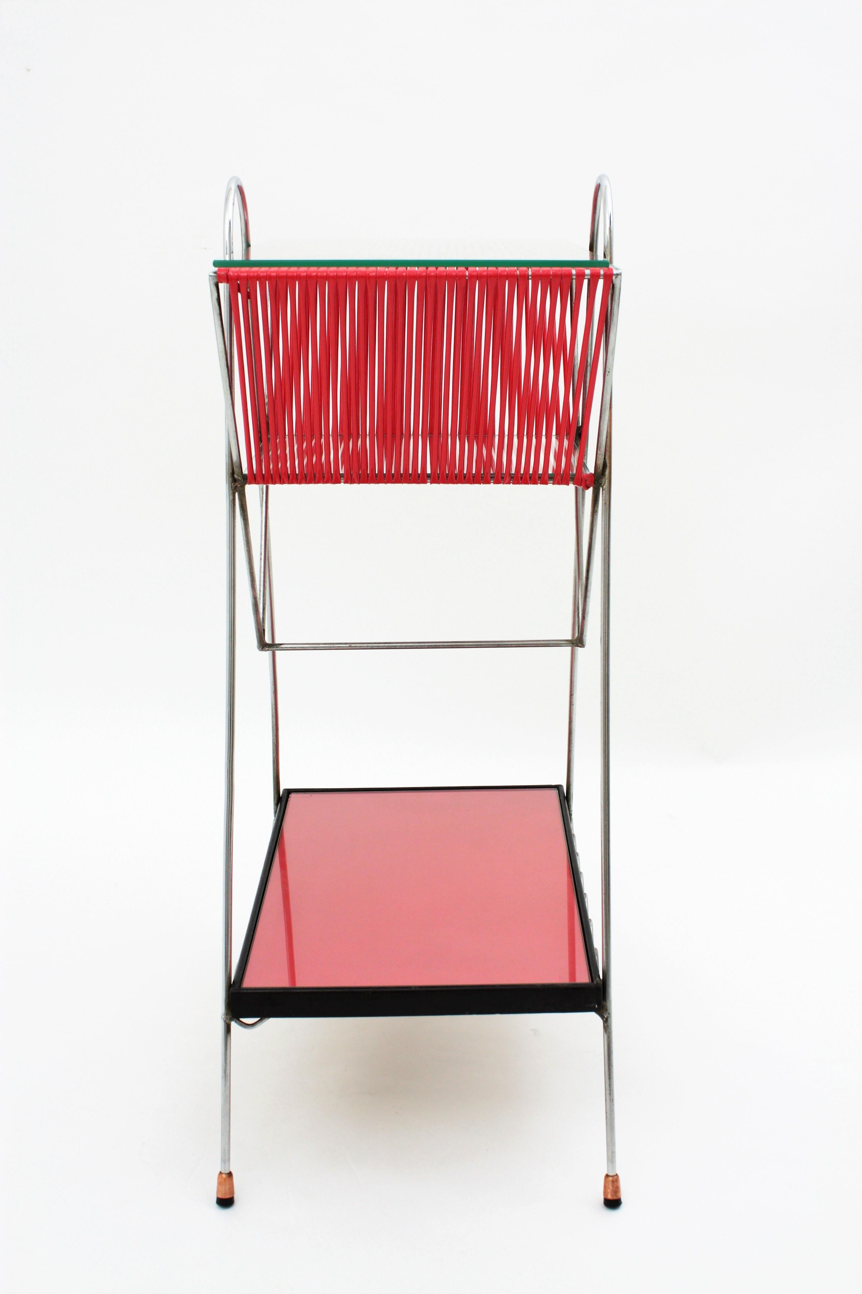 Mid-Century Modern Chrome and Red Scoubidou Side Table, France, 1950s 5