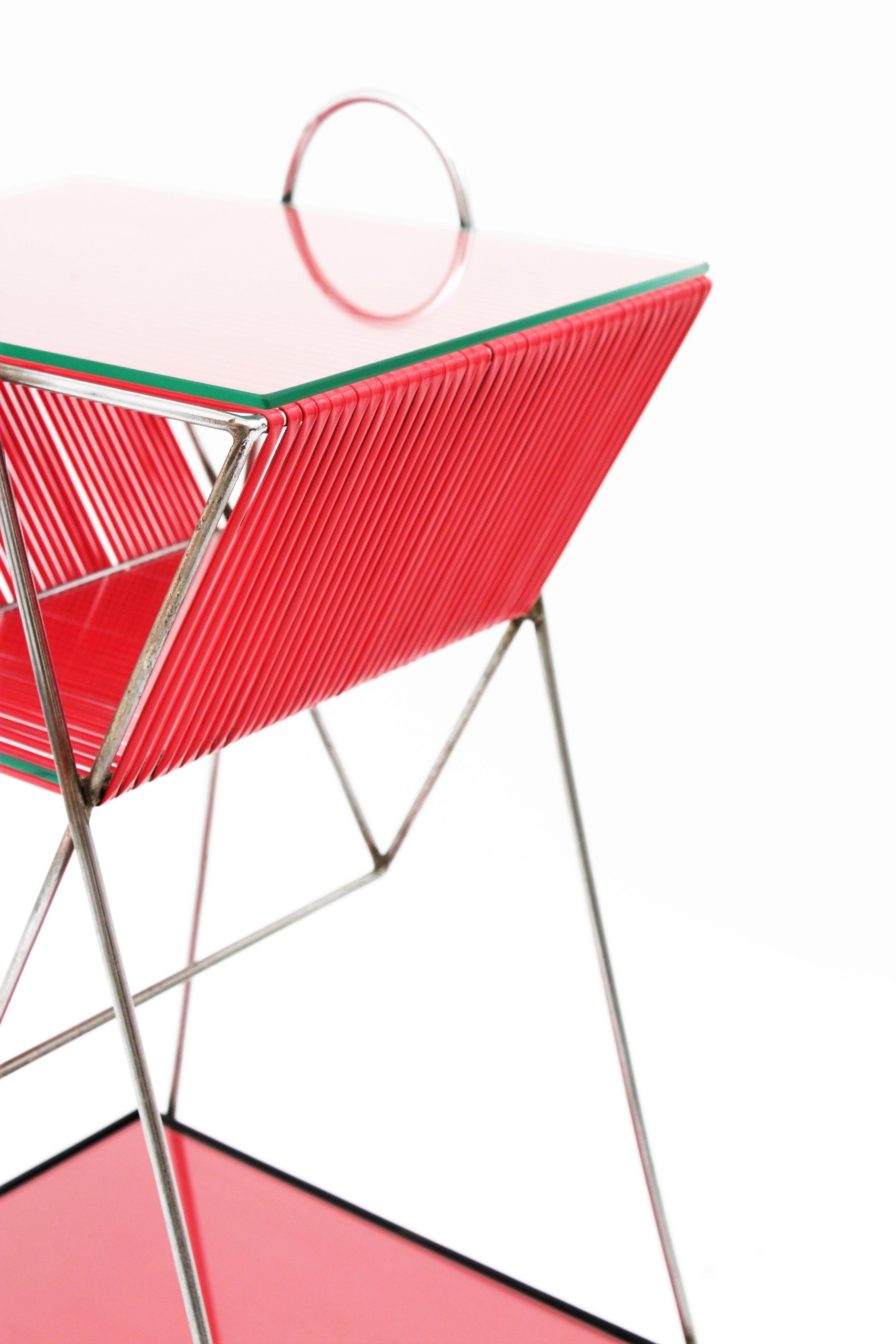 Mid-Century Modern Chrome and Red Scoubidou Side Table, France, 1950s 7