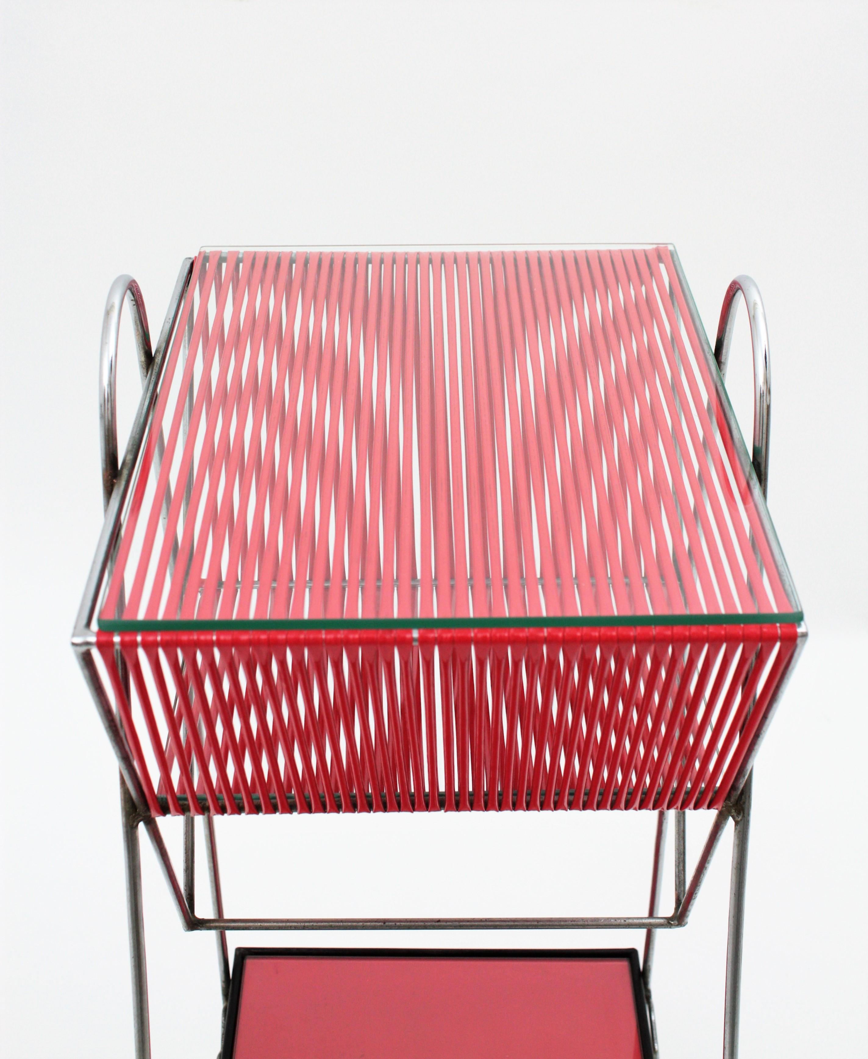 Mid-Century Modern Chrome and Red Scoubidou Side Table, France, 1950s 8