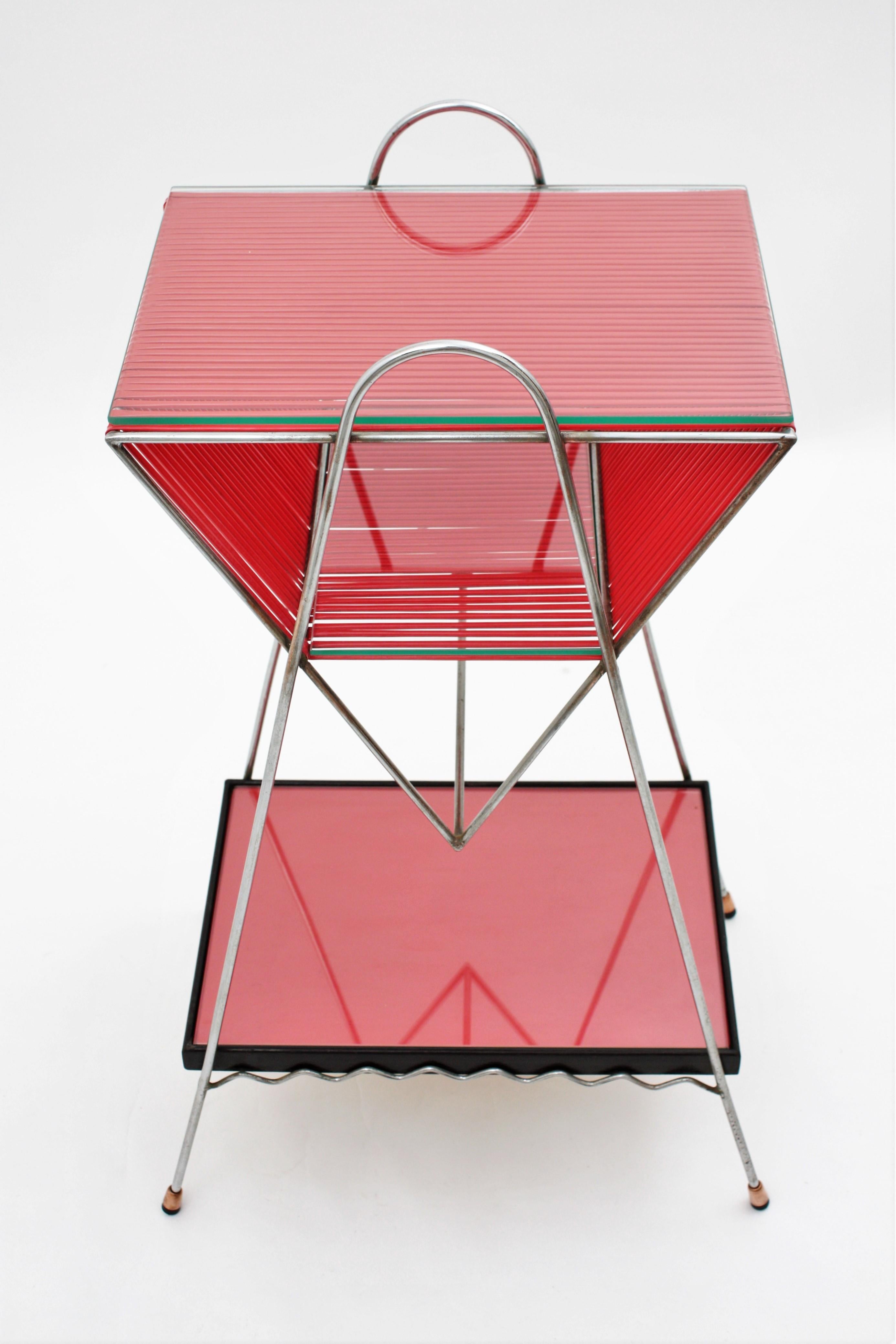 Mid-Century Modern Chrome and Red Scoubidou Side Table, France, 1950s 10