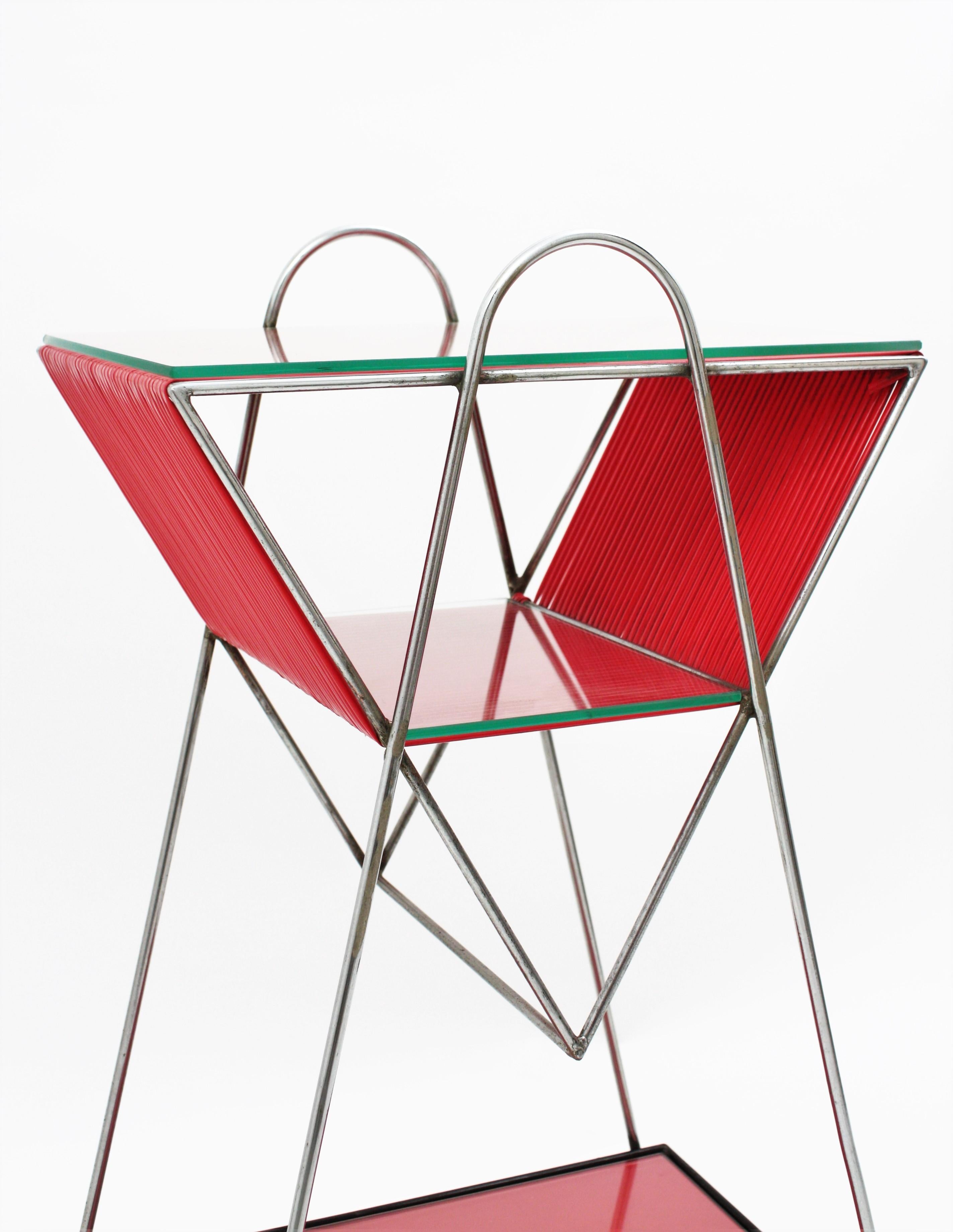 French Mid-Century Modern Chrome and Red Scoubidou Side Table, France, 1950s