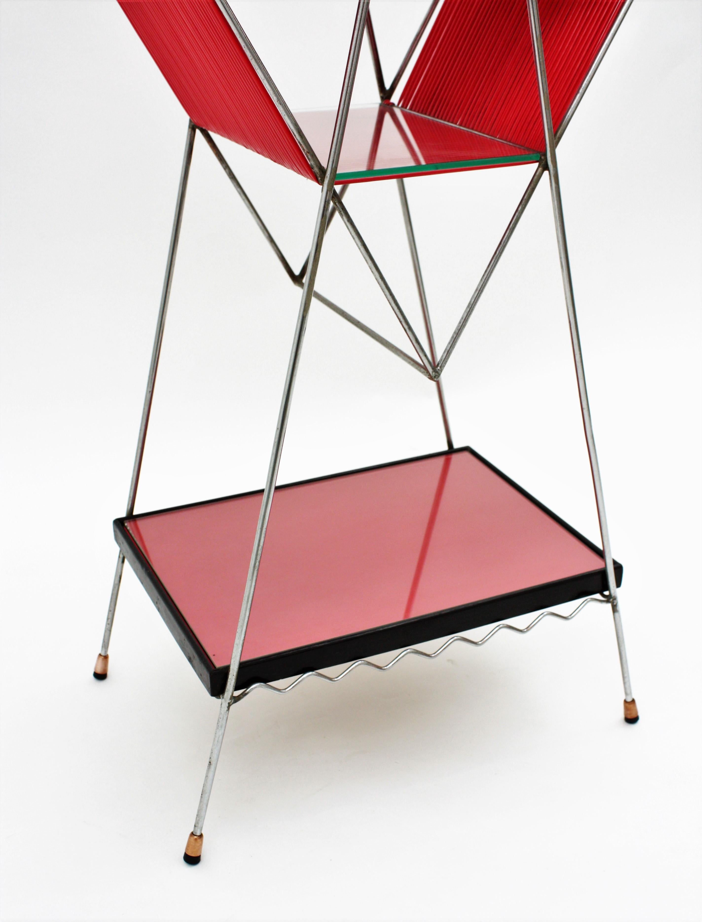 Mid-20th Century Mid-Century Modern Chrome and Red Scoubidou Side Table, France, 1950s