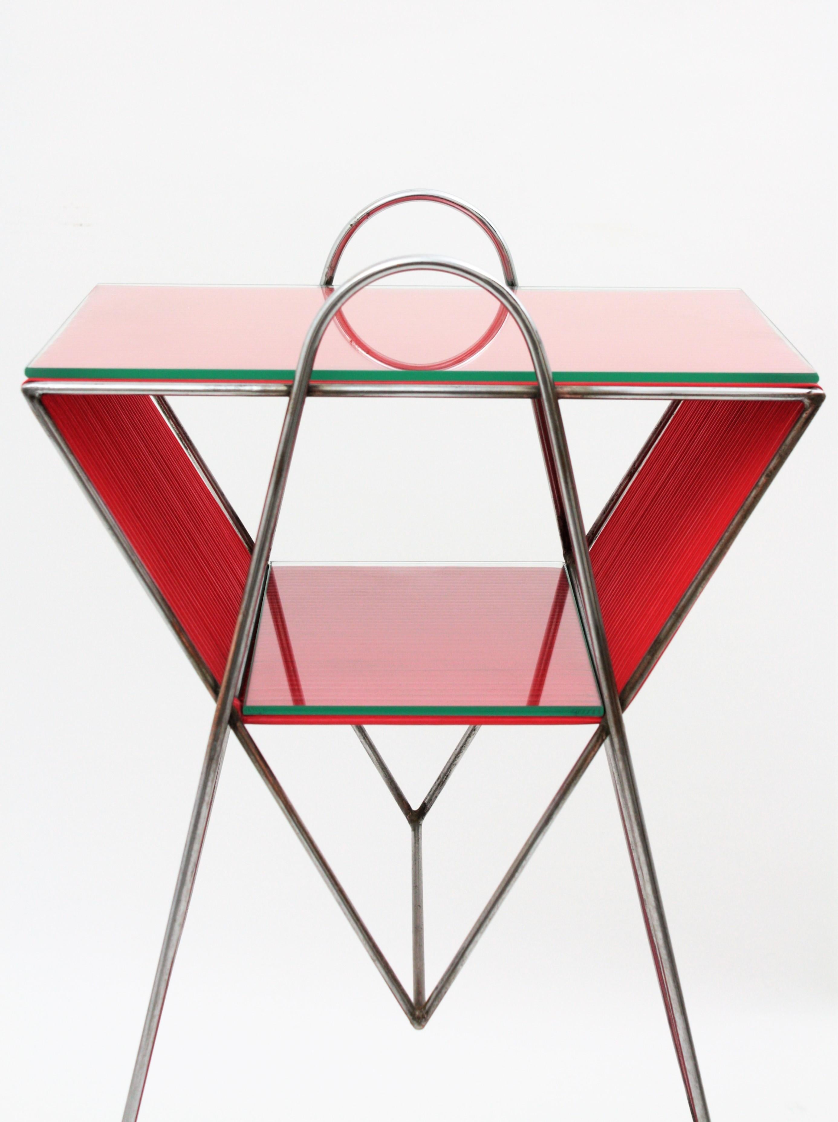 Thread Mid-Century Modern Chrome and Red Scoubidou Side Table, France, 1950s