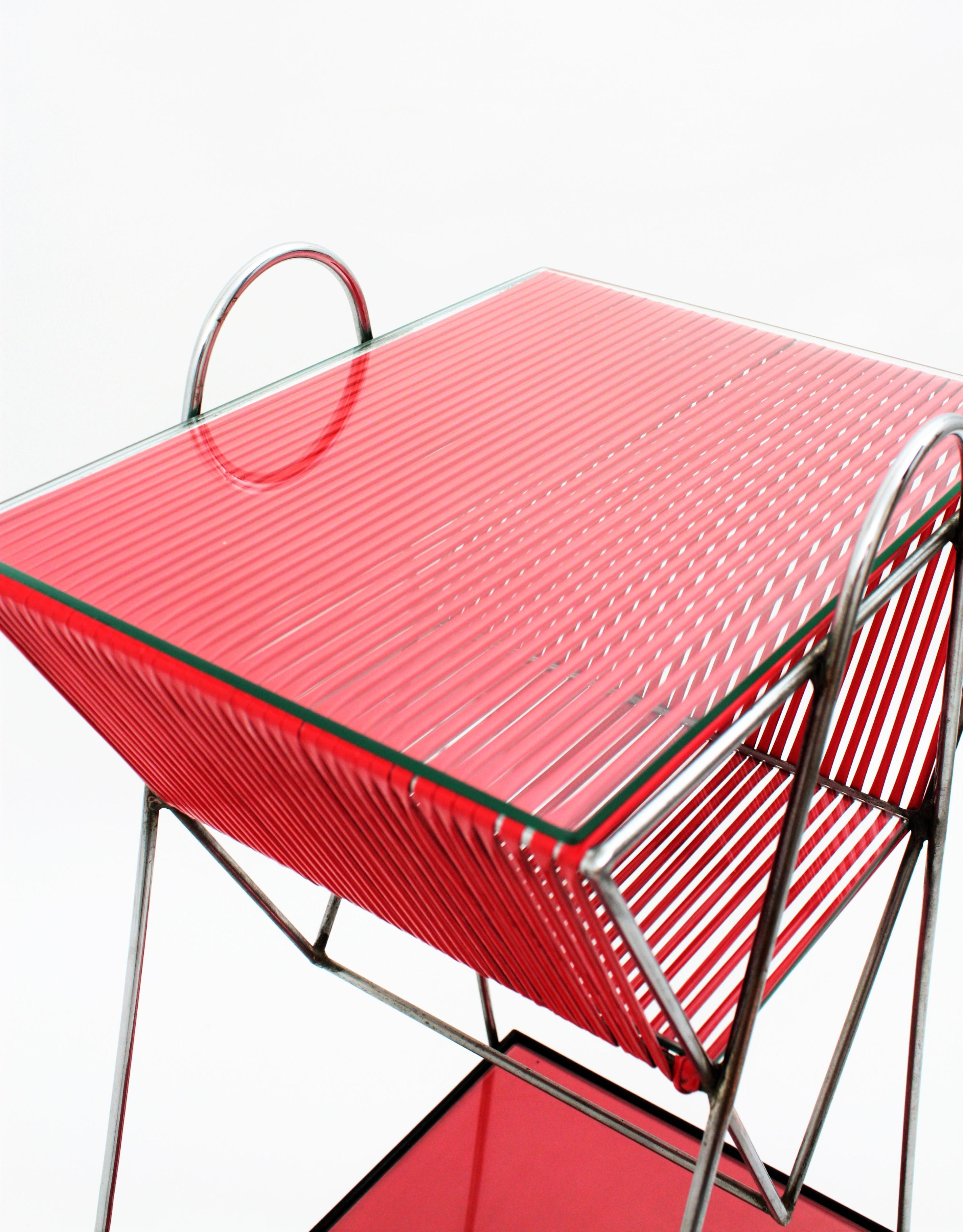Mid-Century Modern Chrome and Red Scoubidou Side Table, France, 1950s 1