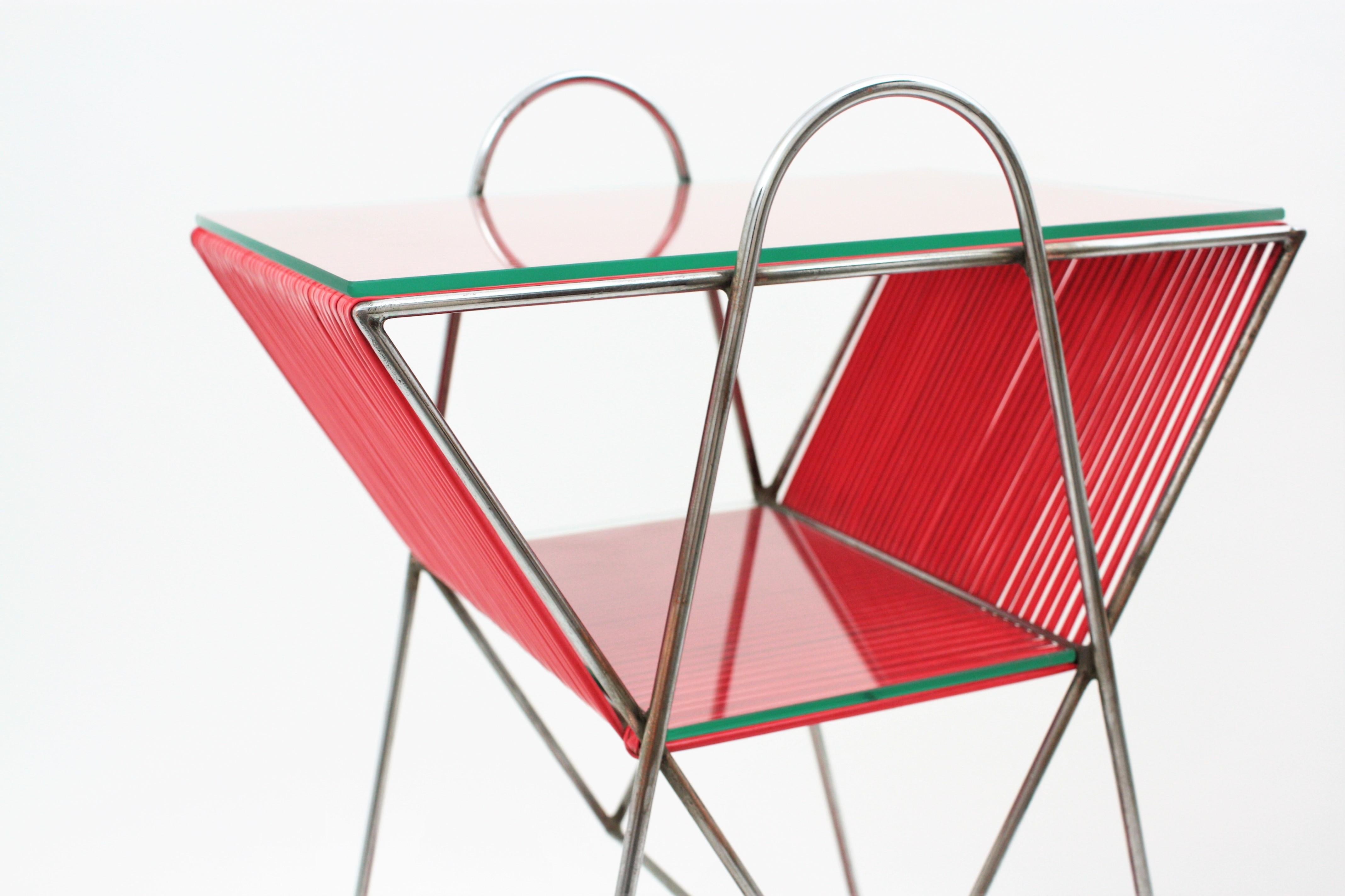 Mid-Century Modern Chrome and Red Scoubidou Side Table, France, 1950s 3
