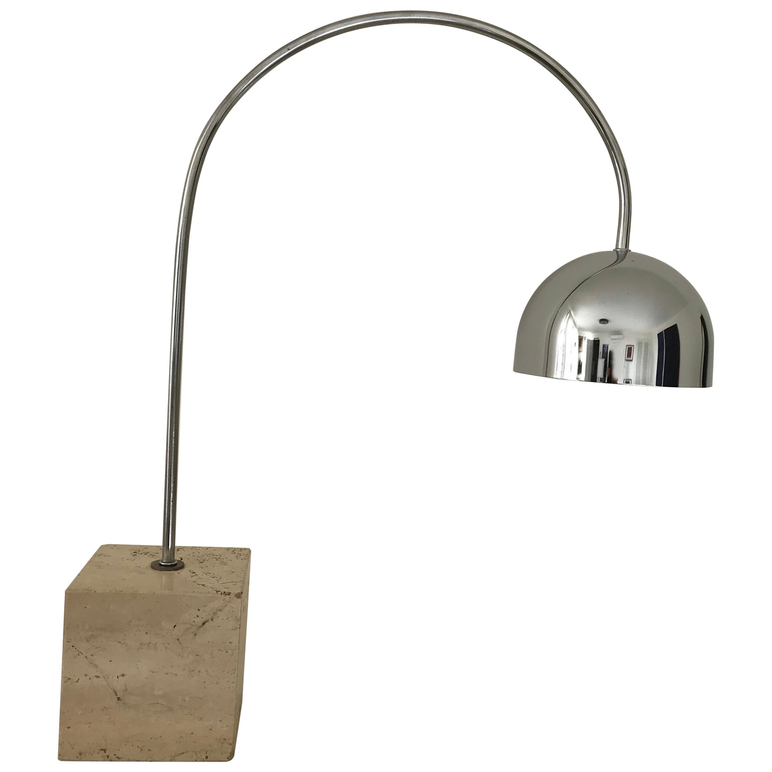 Mid-Century Modern Chrome and Travertine Arc Table Lamp by Harvey Guzzini, Italy