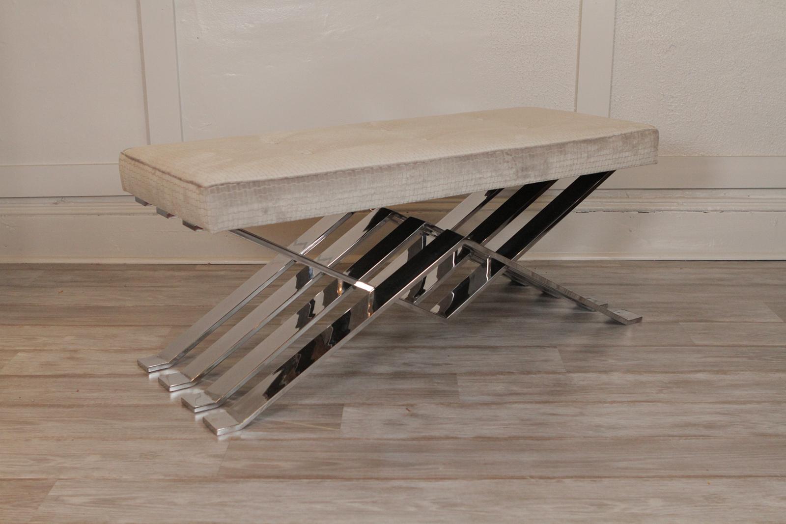 Mid-Century Modern chrome and upholstered Zig zag bench 
 Dimensions: 44” W x 18” D x 18” H.