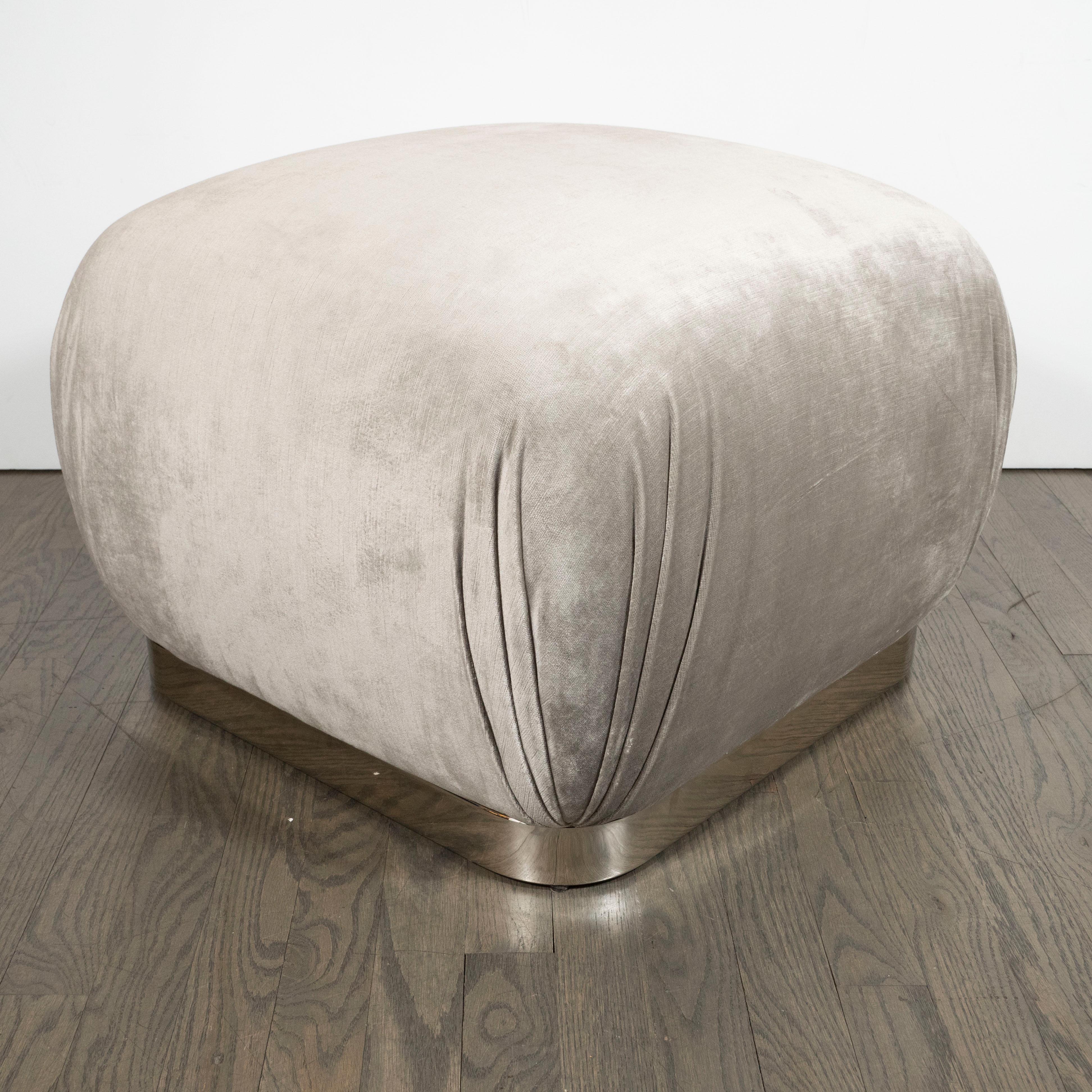 Late 20th Century Mid-Century Modern Chrome and Velvet Soufflé Pouf, Style of Karl Springer