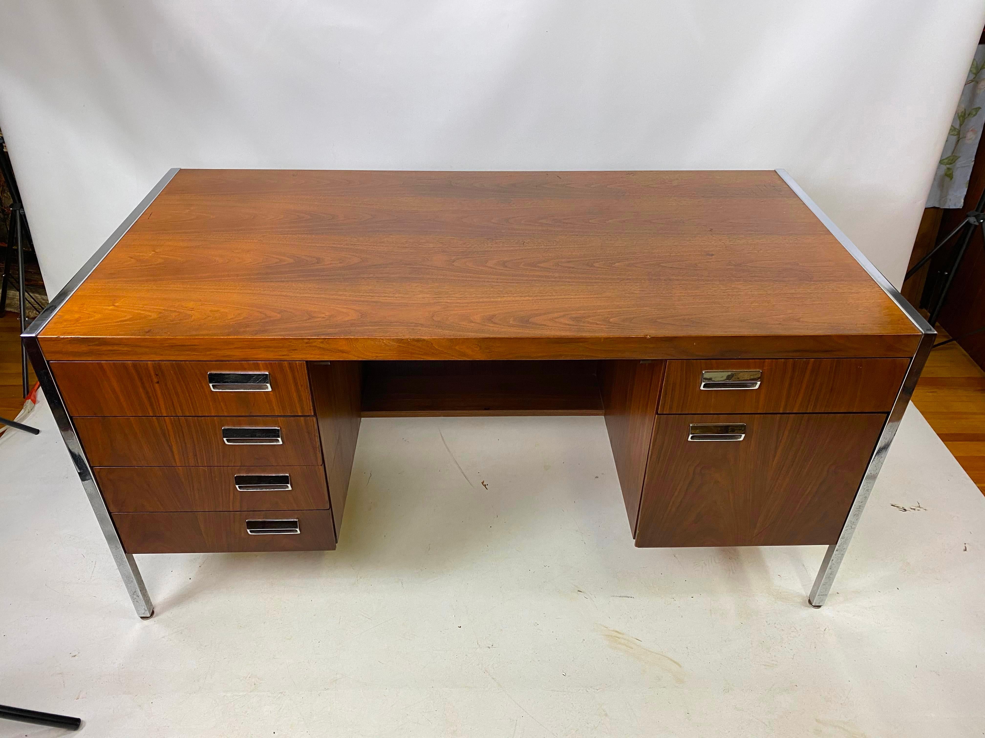 Mid-Century Modern chrome and walnut executive desk. Very well made and heavy.