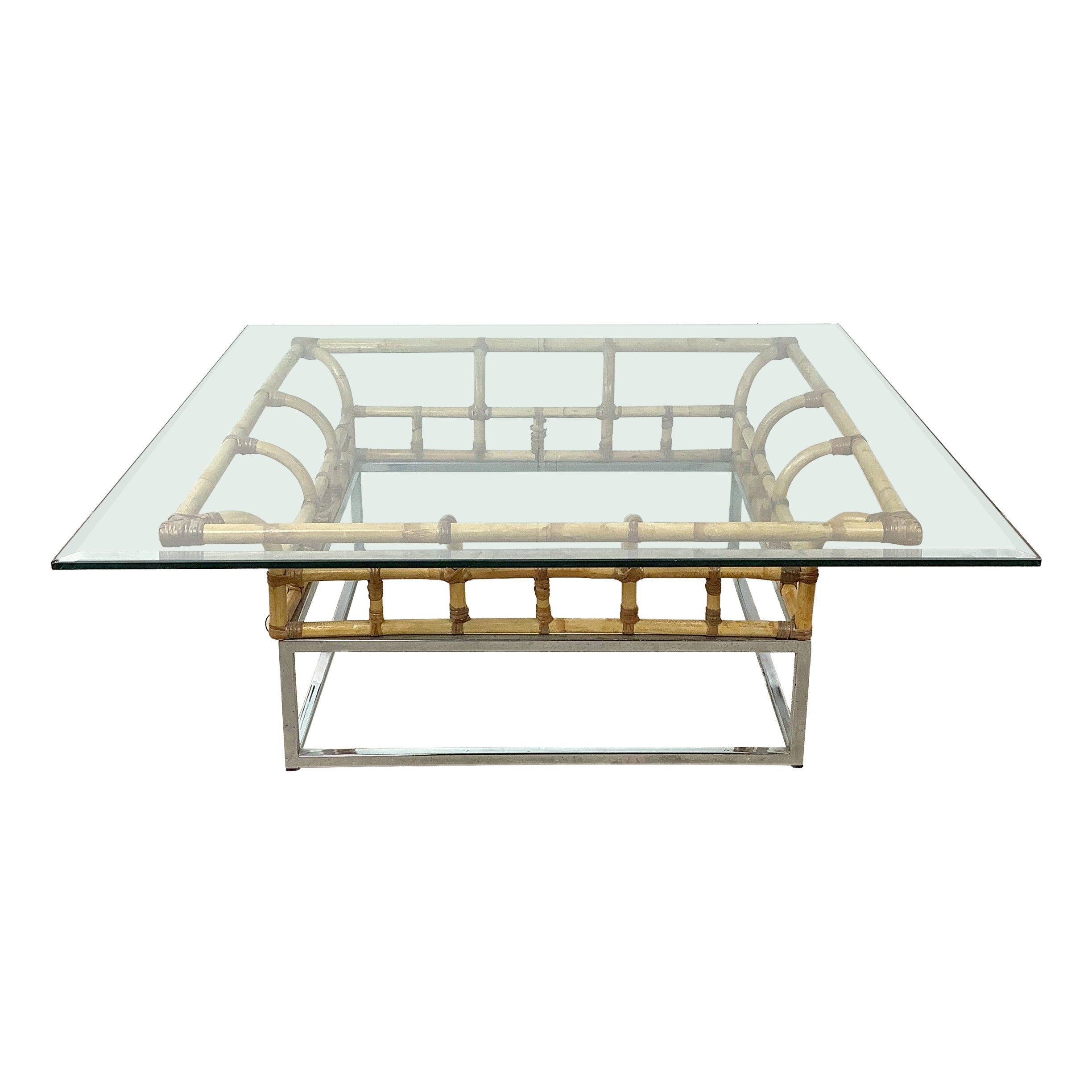 Table basse de style « Mid-Century Modern » en chrome, bambou et verre, années 1970 en vente