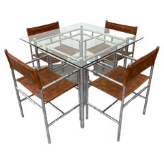 Mid-Century Modern Chrome Bamboo Table with Glass Top and Four Chairs