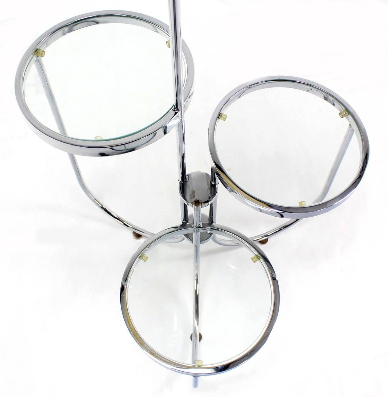 Italian Mid Century Modern Chrome Base Floor Lamp w/ Three Circular Built Stand Tables For Sale