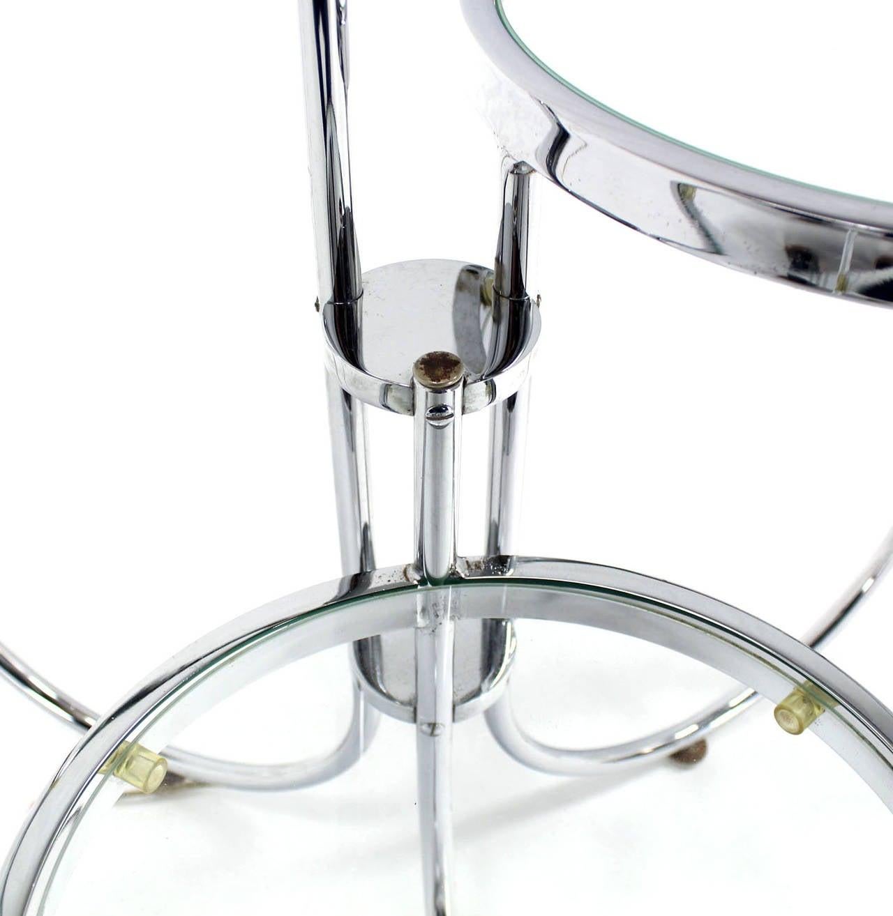 Polished Mid Century Modern Chrome Base Floor Lamp w/ Three Circular Built Stand Tables For Sale