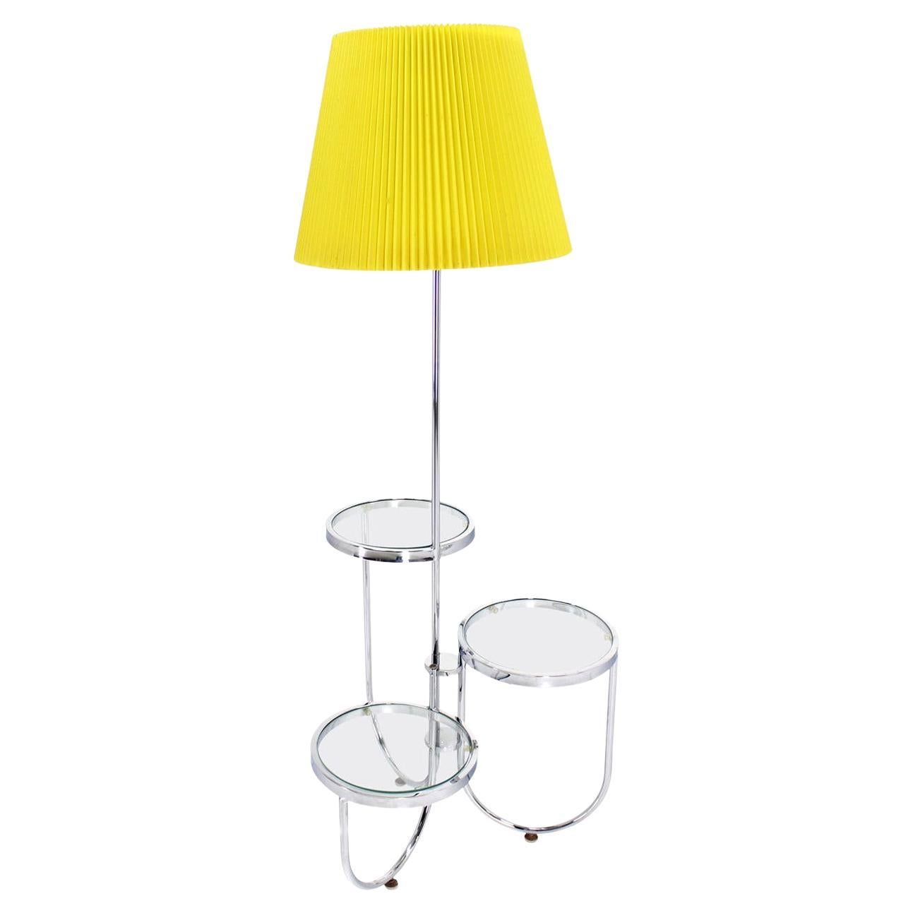 Mid Century Modern Chrome Base Floor Lamp w/ Three Circular Built Stand Tables For Sale