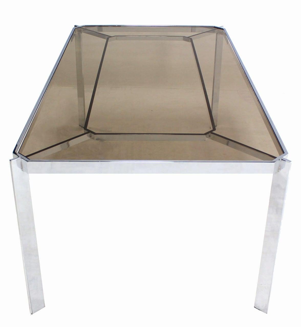 Polished Mid Century Modern Chrome Base Smoked Glass Top Dining Conference Table Baughman For Sale