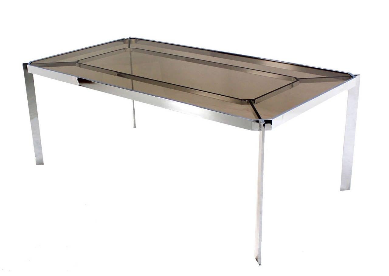 20th Century Mid Century Modern Chrome Base Smoked Glass Top Dining Conference Table Baughman For Sale
