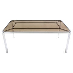 Mid Century Modern Chrome Base Smoked Glass Top Dining Conference Table Baughman