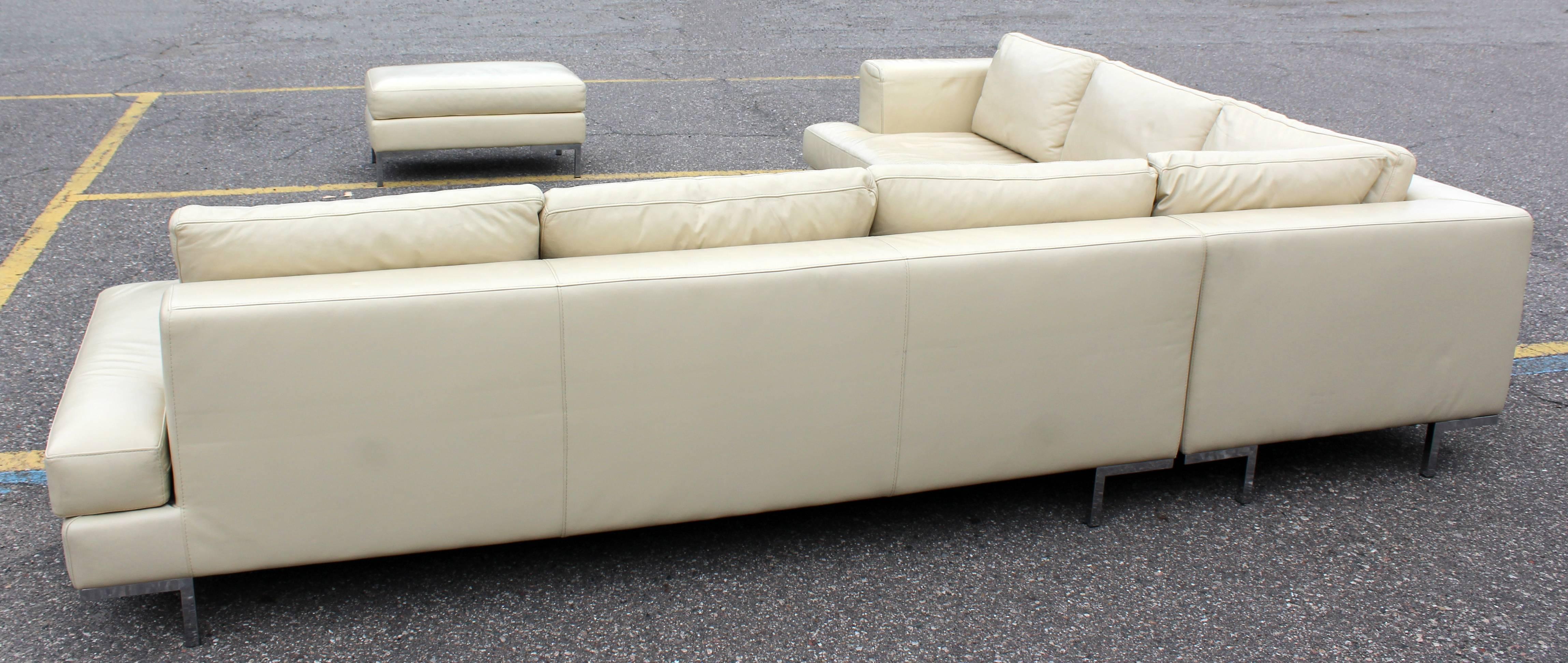 Mid-Century Modern Chrome Base Three-Piece Cream Leather Sectional Sofa, B&B 2