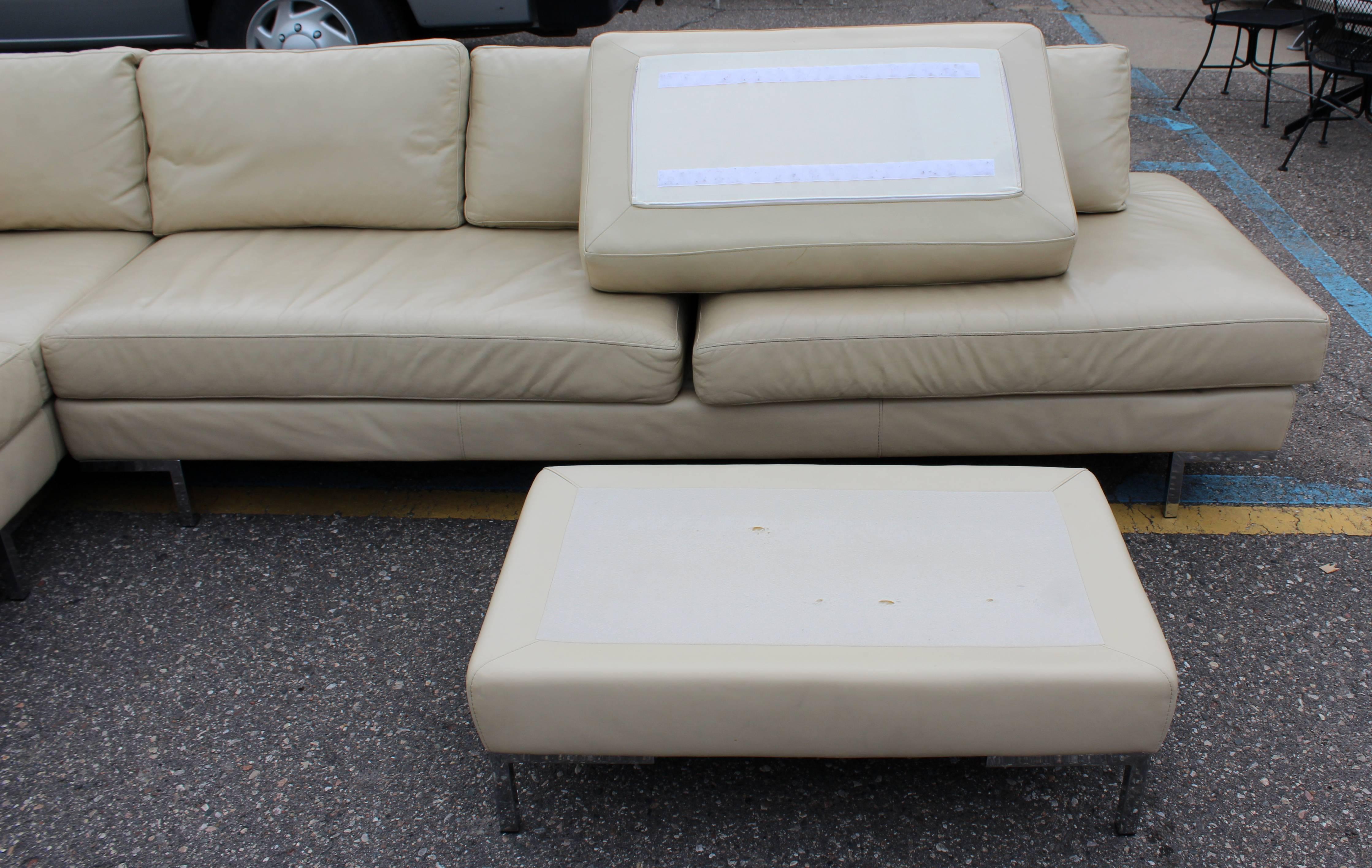 Mid-Century Modern Chrome Base Three-Piece Cream Leather Sectional Sofa, B&B 3