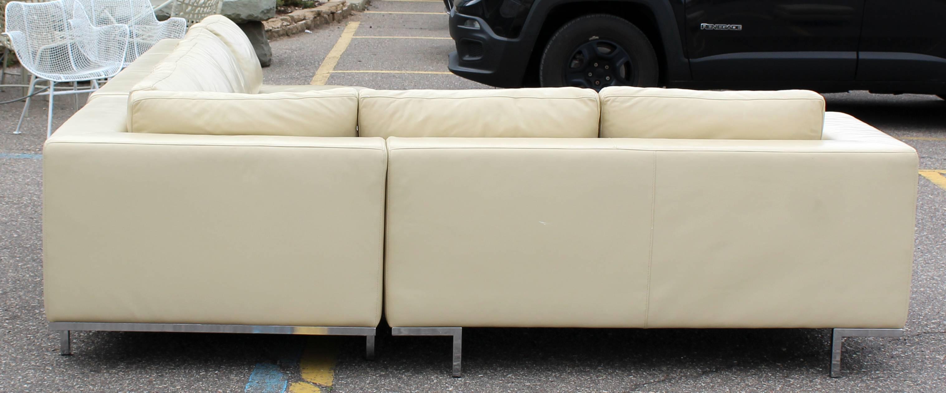 Late 20th Century Mid-Century Modern Chrome Base Three-Piece Cream Leather Sectional Sofa, B&B