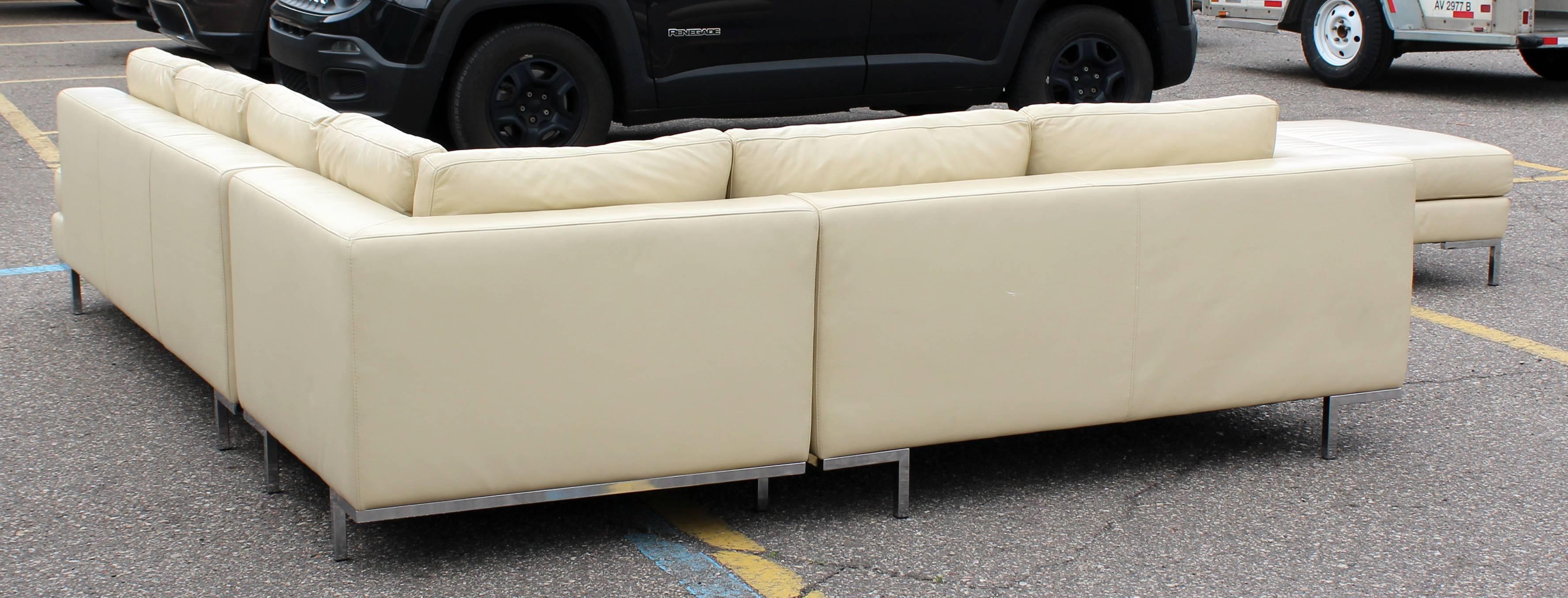 Mid-Century Modern Chrome Base Three-Piece Cream Leather Sectional Sofa, B&B 1