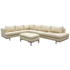 Mid-Century Modern Chrome Base Three-Piece Cream Leather Sectional Sofa, B&B