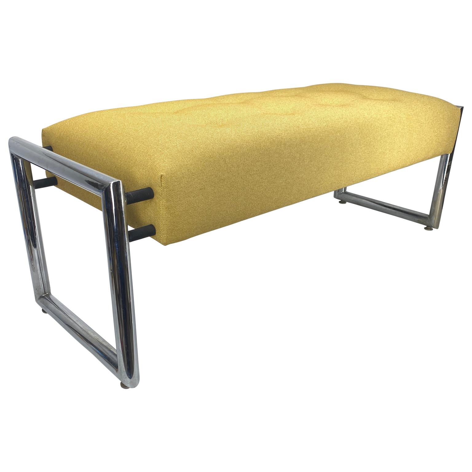Mid-Century Modern chrome bench with Knoll yellow tufted upholstery, circa 1970's.
Fabulous and fun Mid-Century Modern chrome bench has tubular chrome legs and is very comfortable with cushiony tufted new upholstered seat. The bench is perfect for a