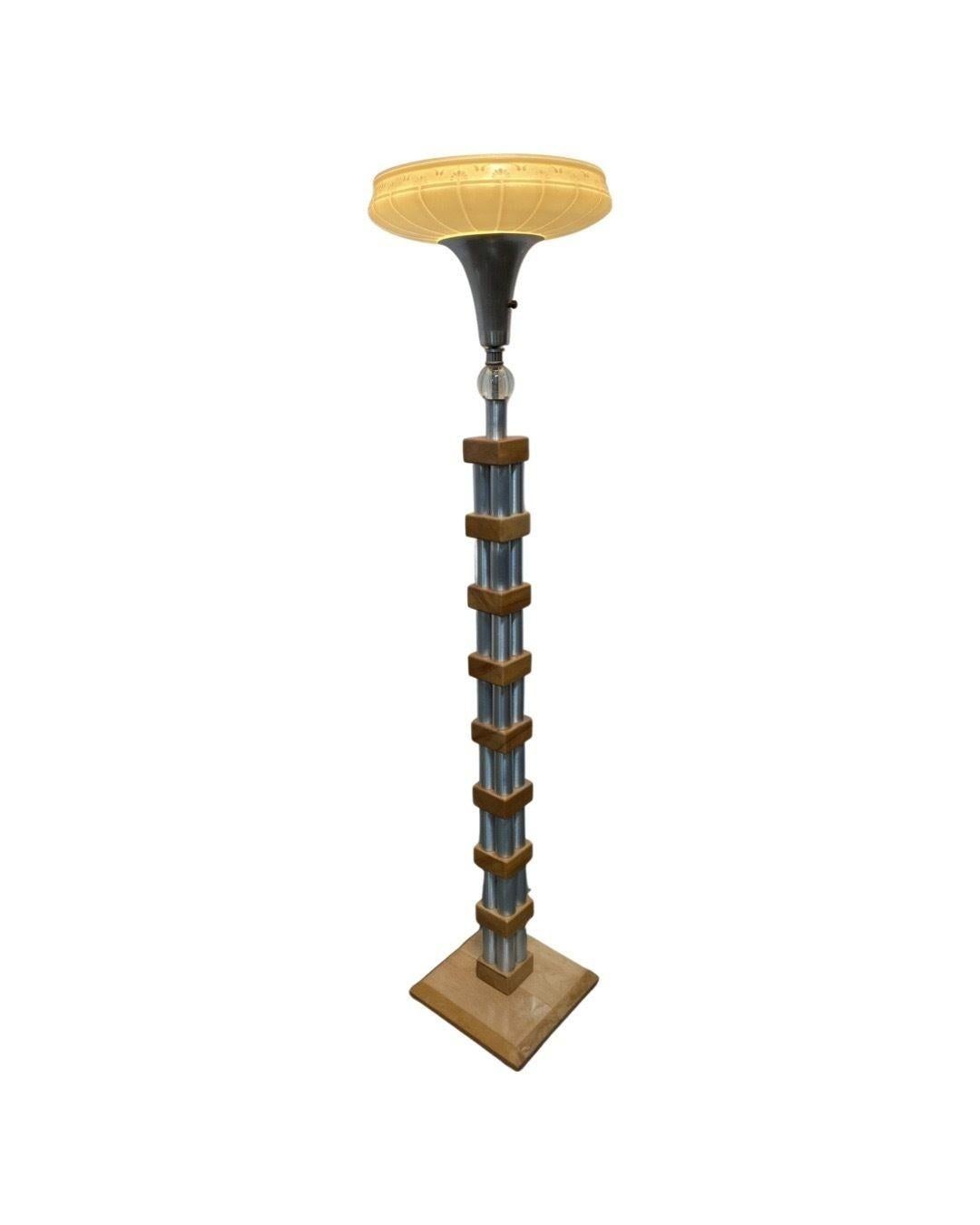 Mid-Century Modern Chrome Blond Maple Stacked Torchiere Floor Lamp For Sale 1