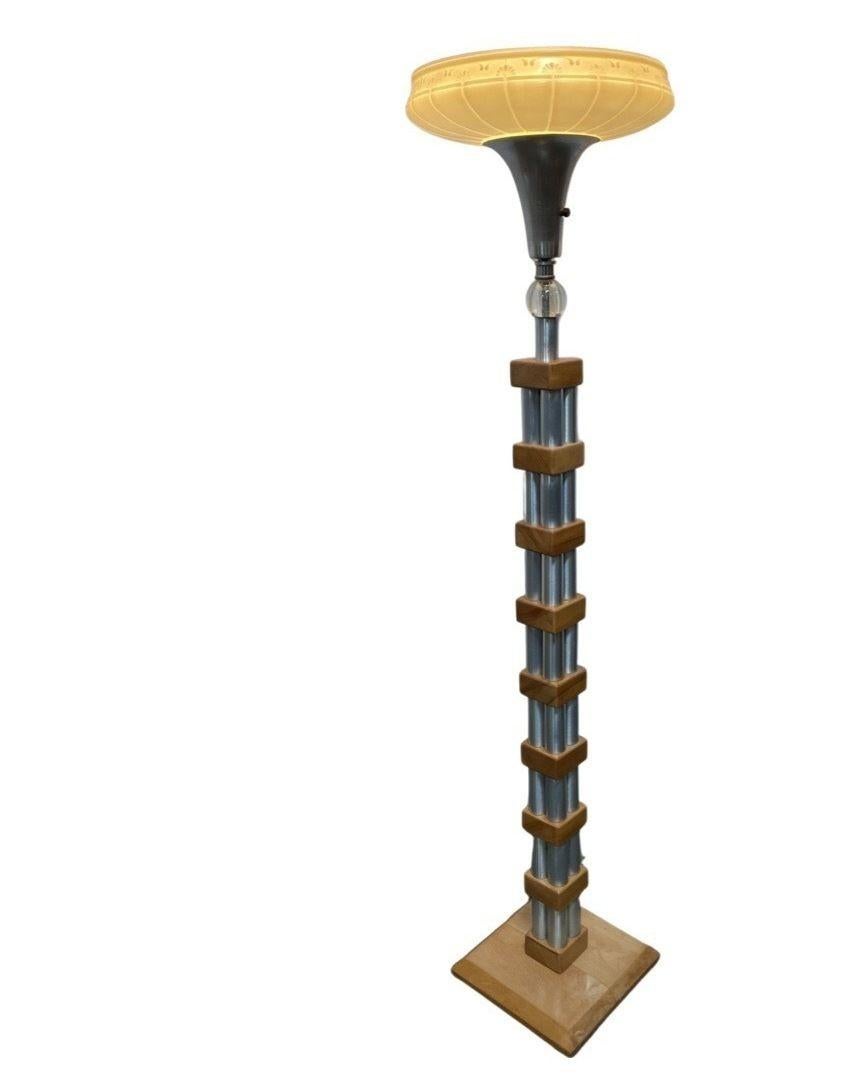 Mid-Century Modern Chrome Blond Maple Stacked Torchiere Floor Lamp For Sale 1