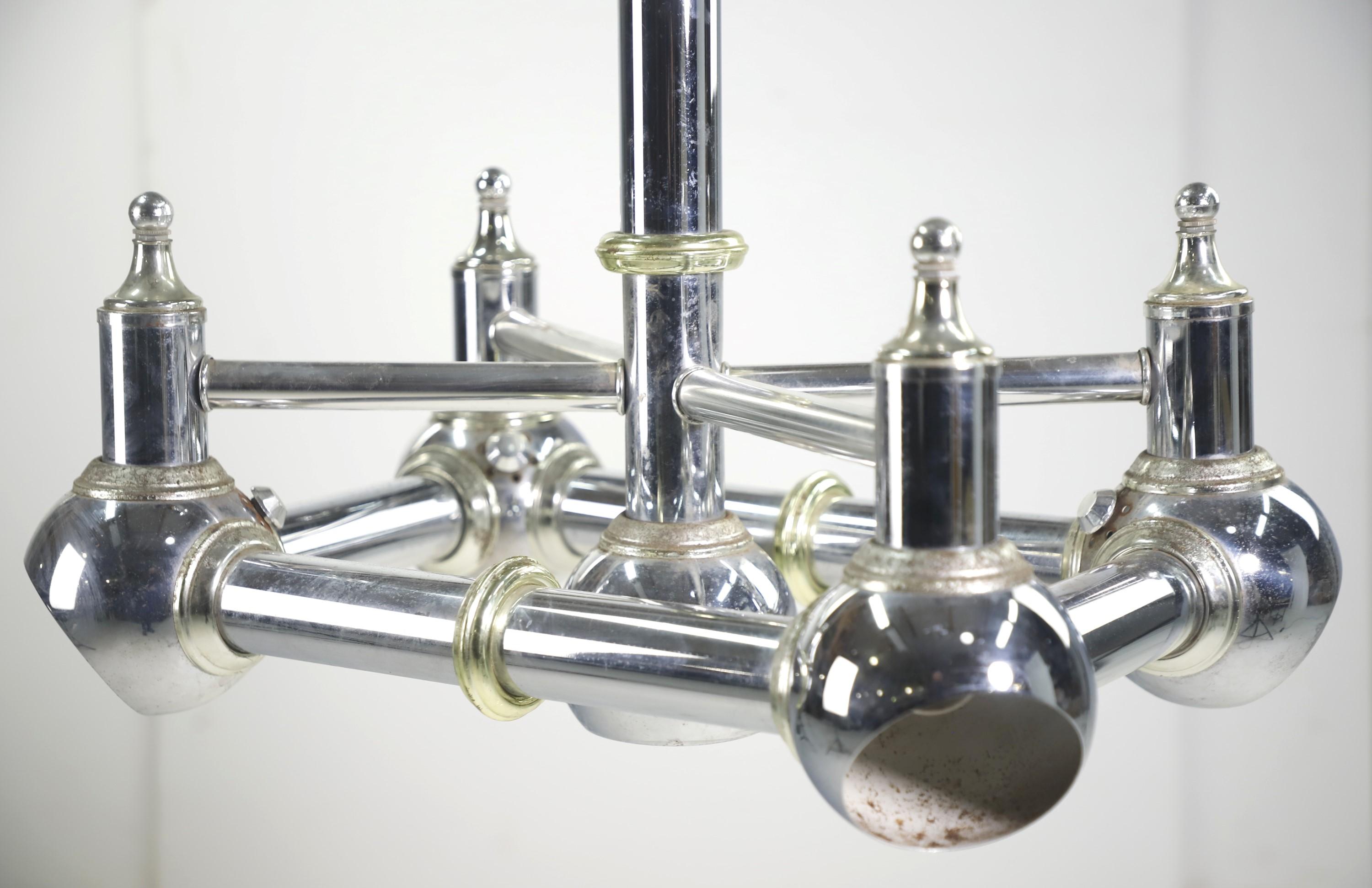 Mid-Century Modern Chrome & Brass 5 Light Chandelier For Sale 6