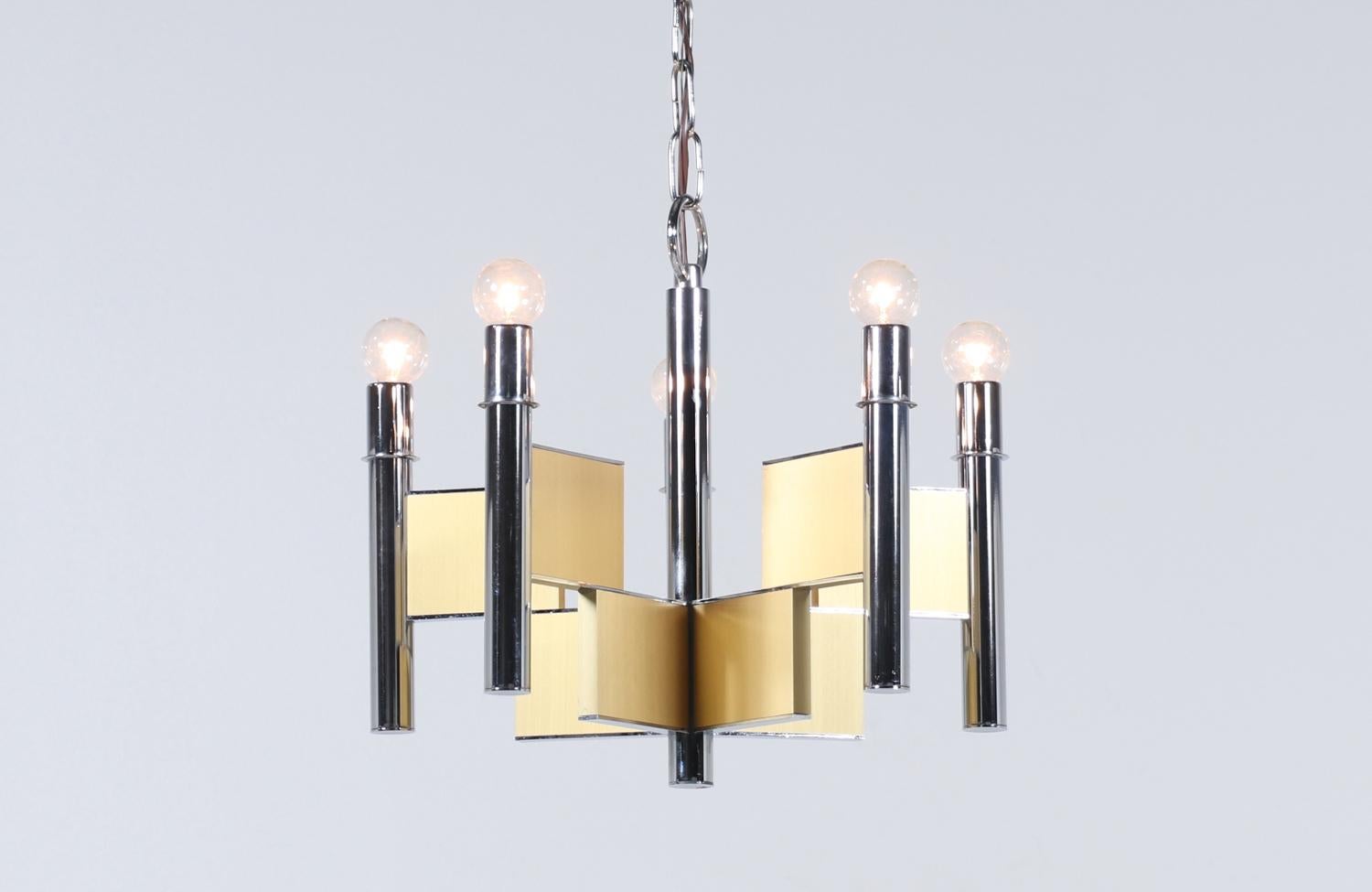 Mid-Century Modern chrome & brass chandelier by Gaetano Sciolari