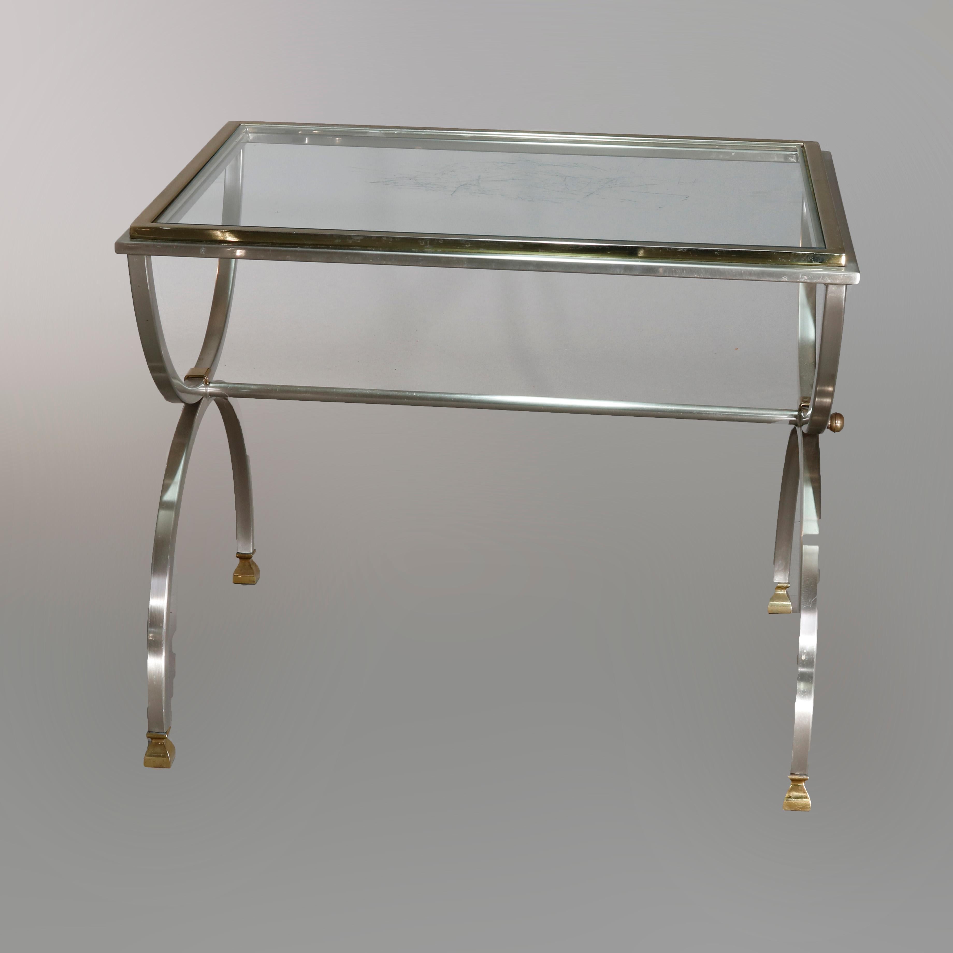 A pair of Mid-Century Modern Savonarola end stands offer carule x-form chrome bases with glass tops, mid-20th century

Measures: 22