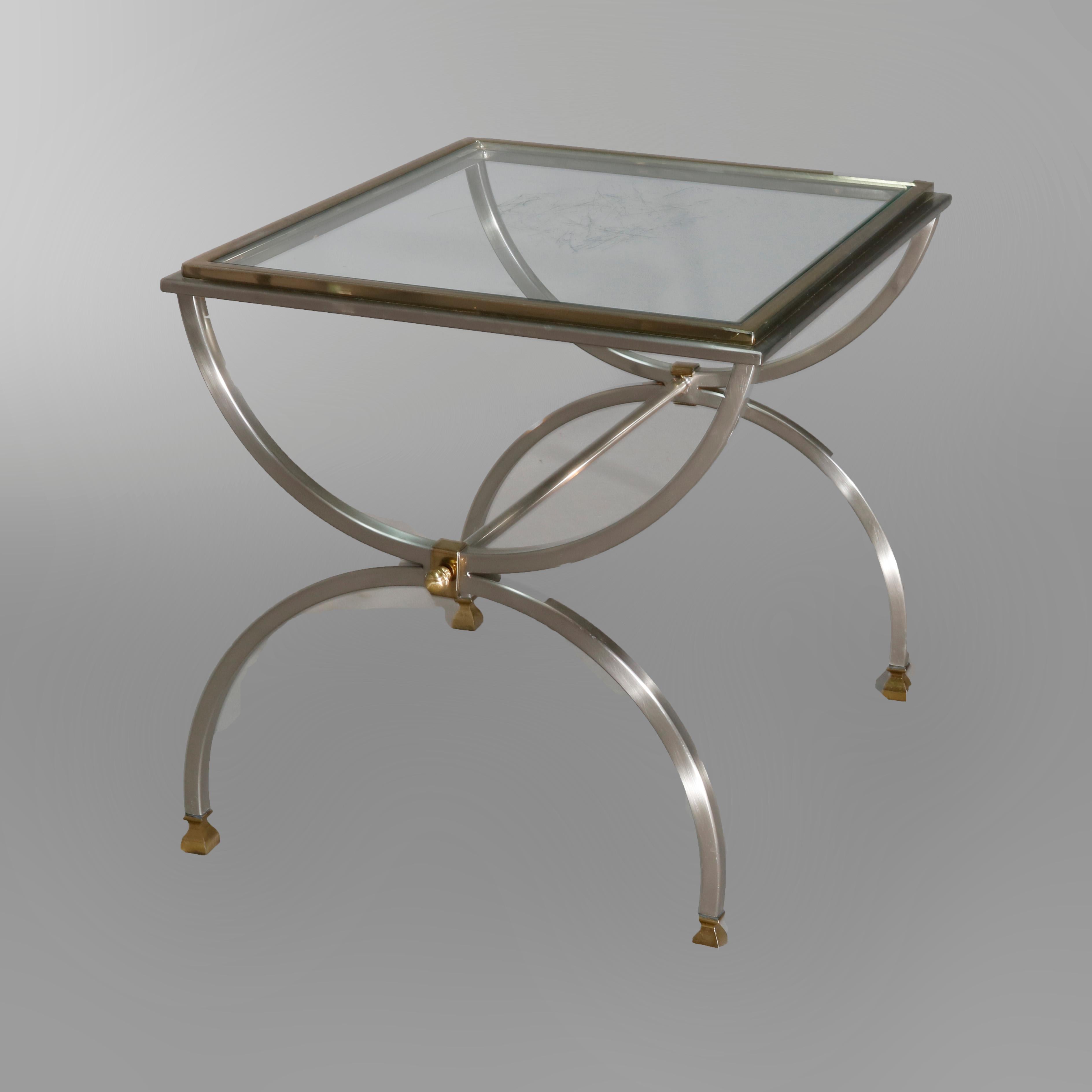 North American Mid-Century Modern Chrome & Brass Glass Top Savonarola End Tables, 20th Century