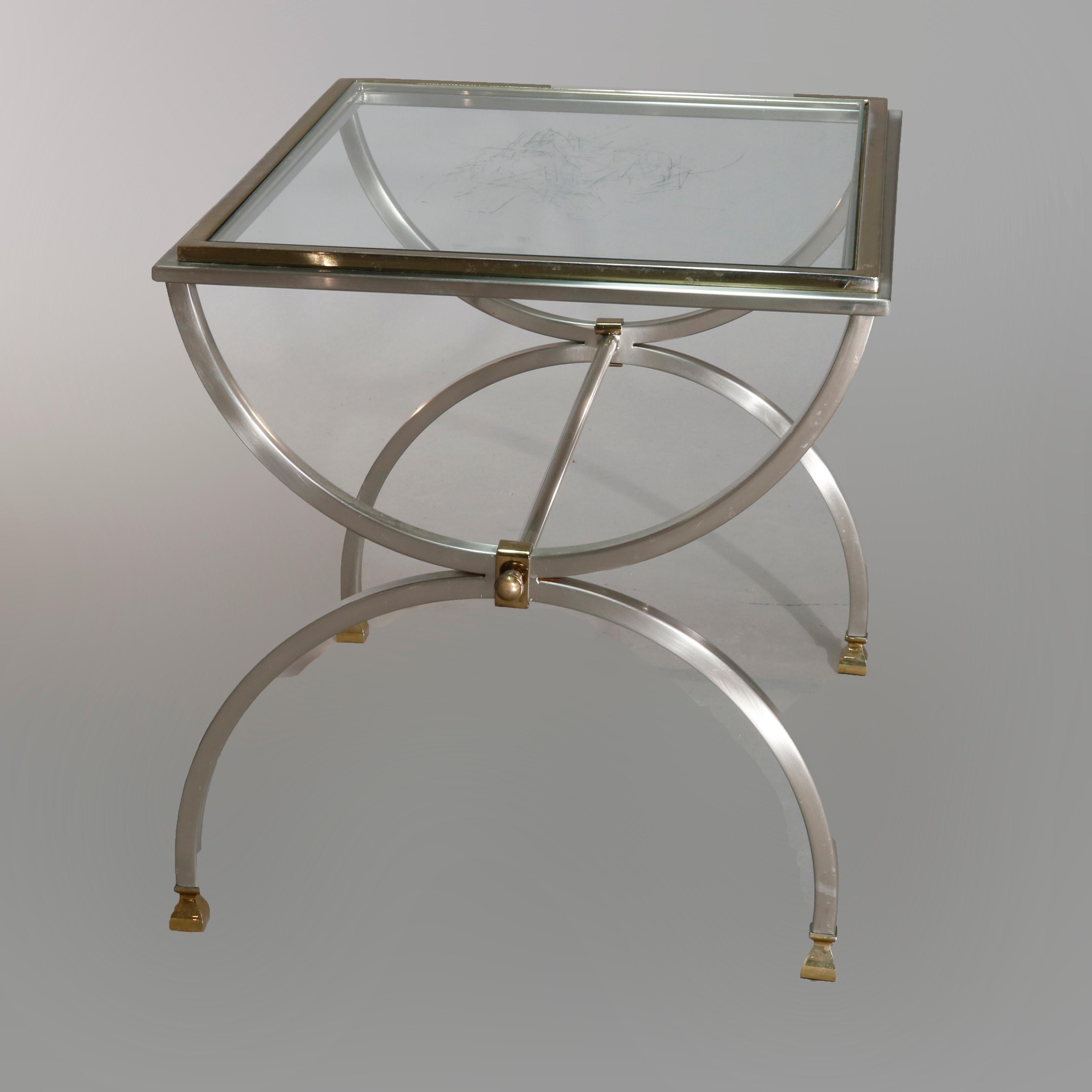 Mid-Century Modern Chrome & Brass Glass Top Savonarola End Tables, 20th Century In Good Condition In Big Flats, NY