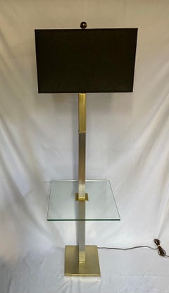 Mid-Century Modern Chrome and Brass Square Glass Side Table Floor Lamp