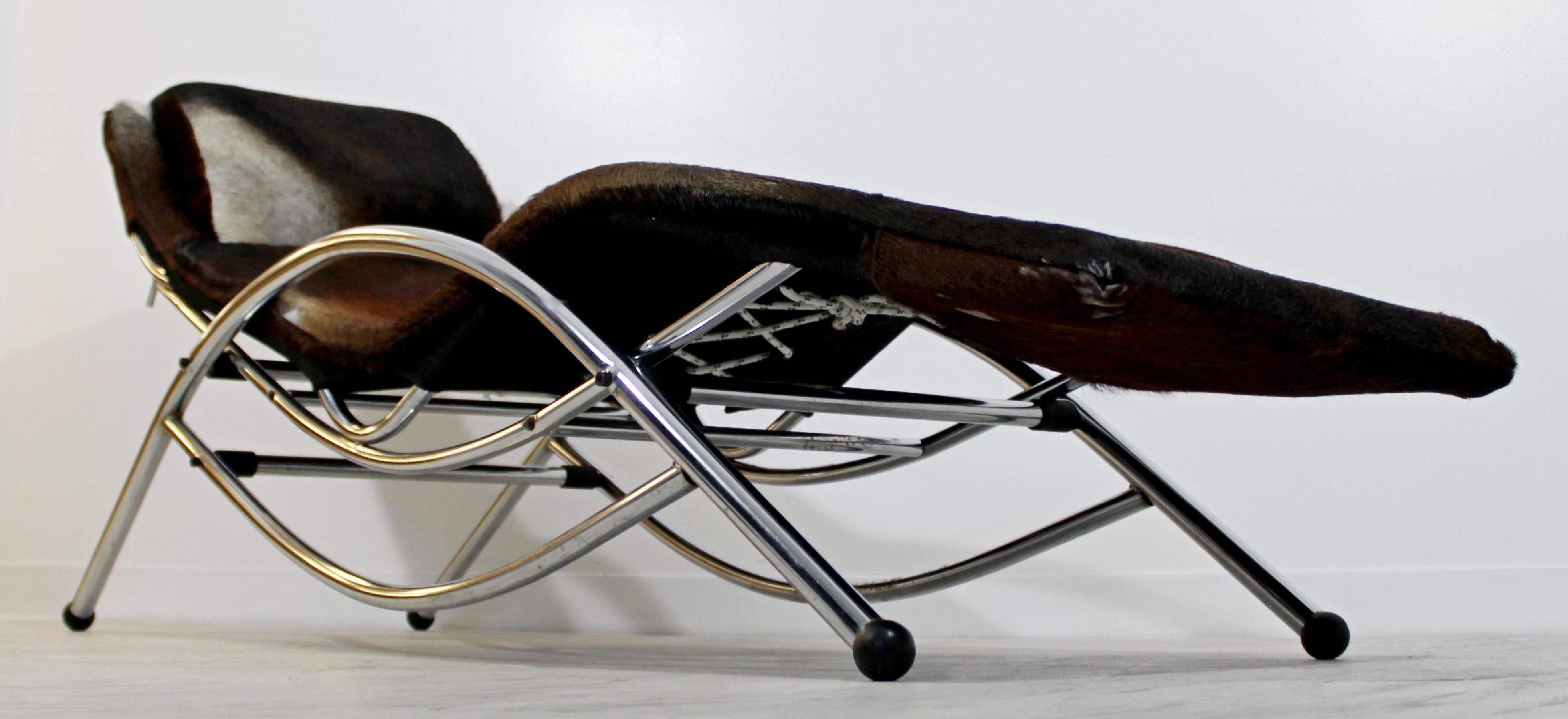 Mid-Century Modern Chrome & Brown Cow Hide Chaise Lounge Corbusier Style, 1970s 4