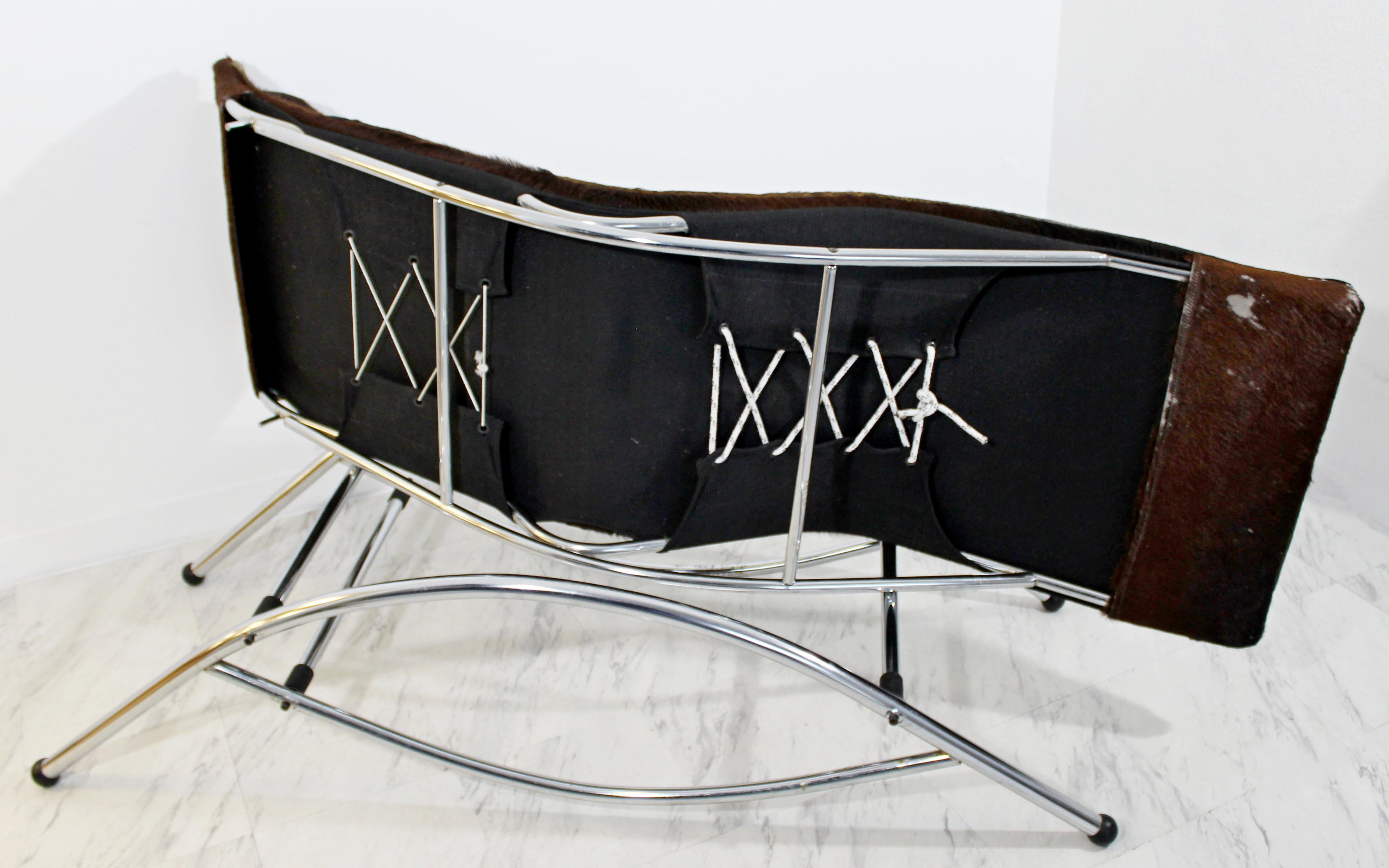 Mid-Century Modern Chrome & Brown Cow Hide Chaise Lounge Corbusier Style, 1970s 5