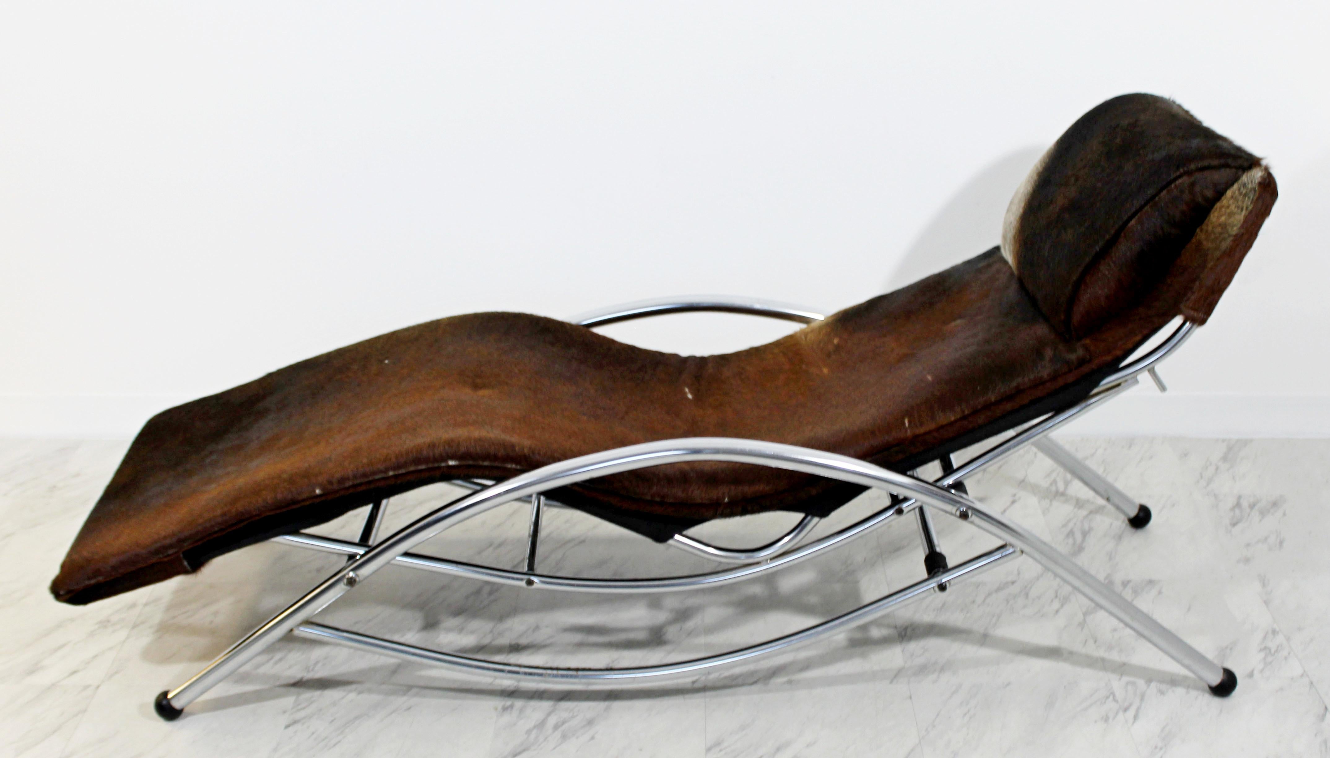 Late 20th Century Mid-Century Modern Chrome & Brown Cow Hide Chaise Lounge Corbusier Style, 1970s