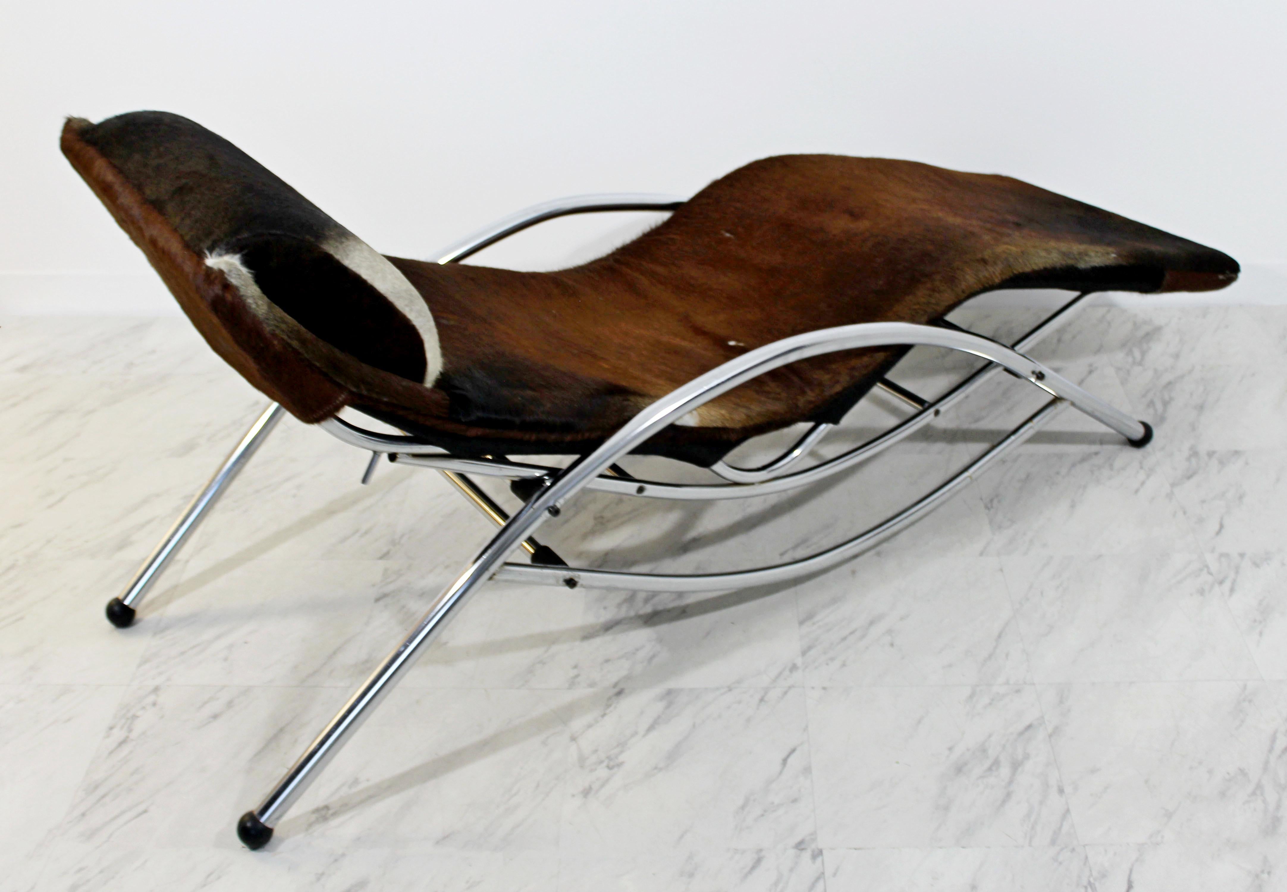 Mid-Century Modern Chrome & Brown Cow Hide Chaise Lounge Corbusier Style, 1970s 2