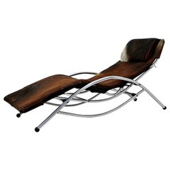 Retro Mid-Century Modern Chrome & Brown Cow Hide Chaise Lounge Corbusier Style, 1970s