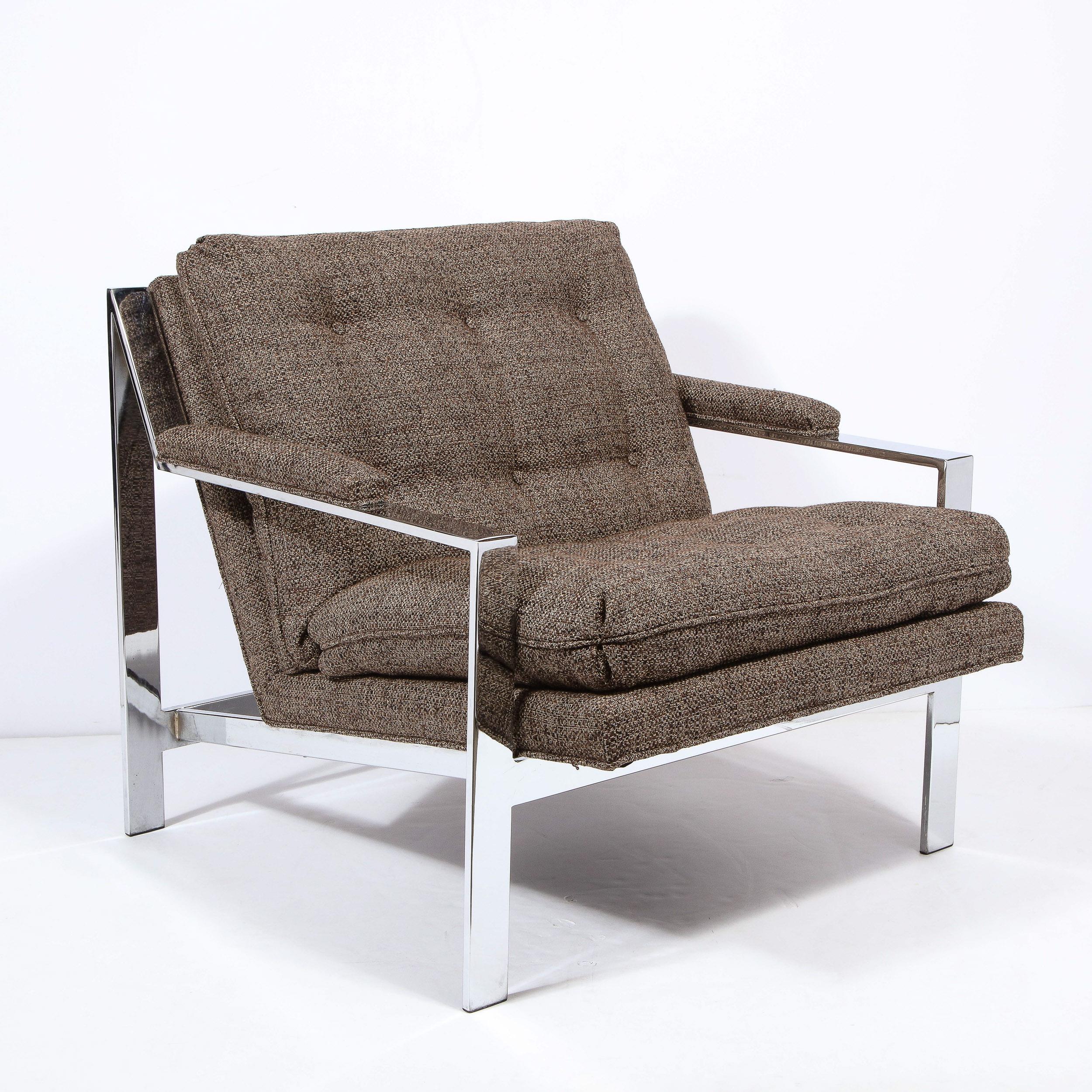 Late 20th Century Mid-Century Modern Chrome Button Back Lounge Chair in Tawny Holly Hunt Tweed For Sale
