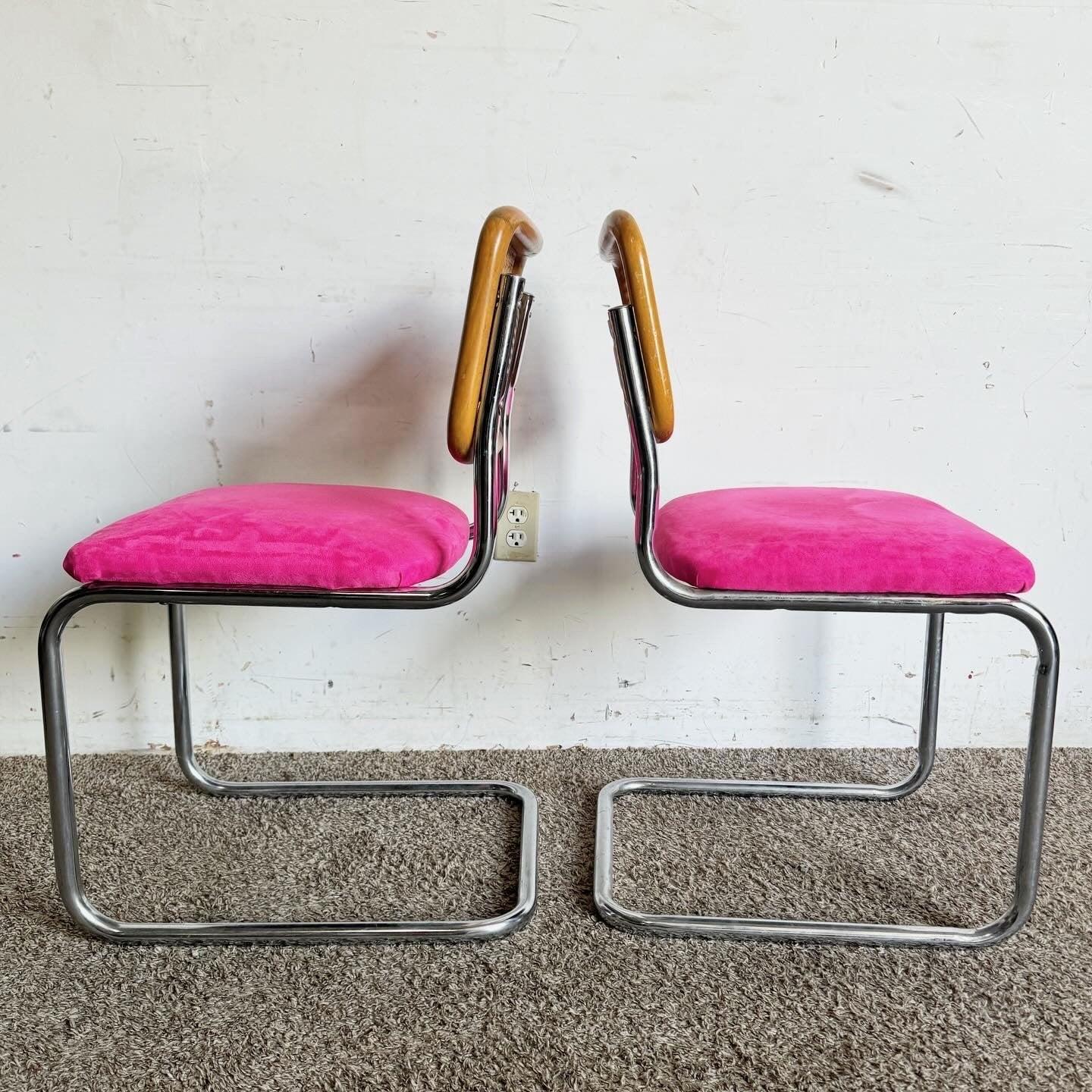 American Mid Century Modern Chrome Cane and Pink Cantilever Dining Chairs - a Pair