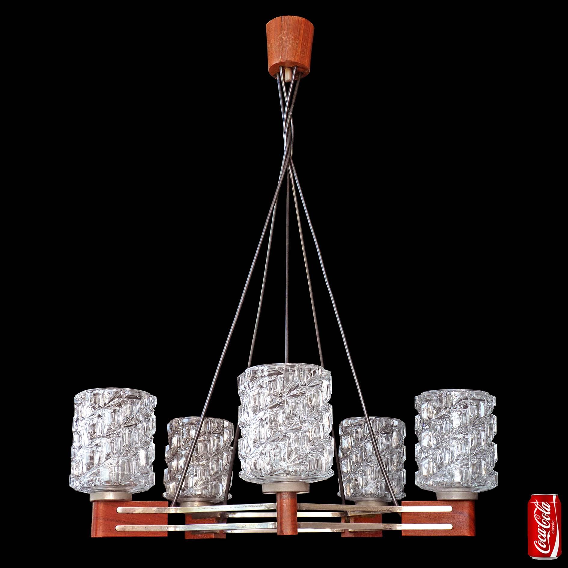 Italian Mid-Century Modern Chrome Ceiling Lamp Danish Teak Style Pendant Wood Chandelier For Sale