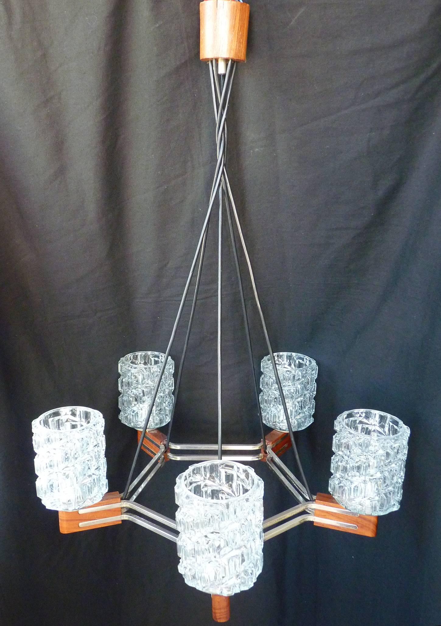 20th Century Mid-Century Modern Chrome Ceiling Lamp Danish Teak Style Pendant Wood Chandelier For Sale