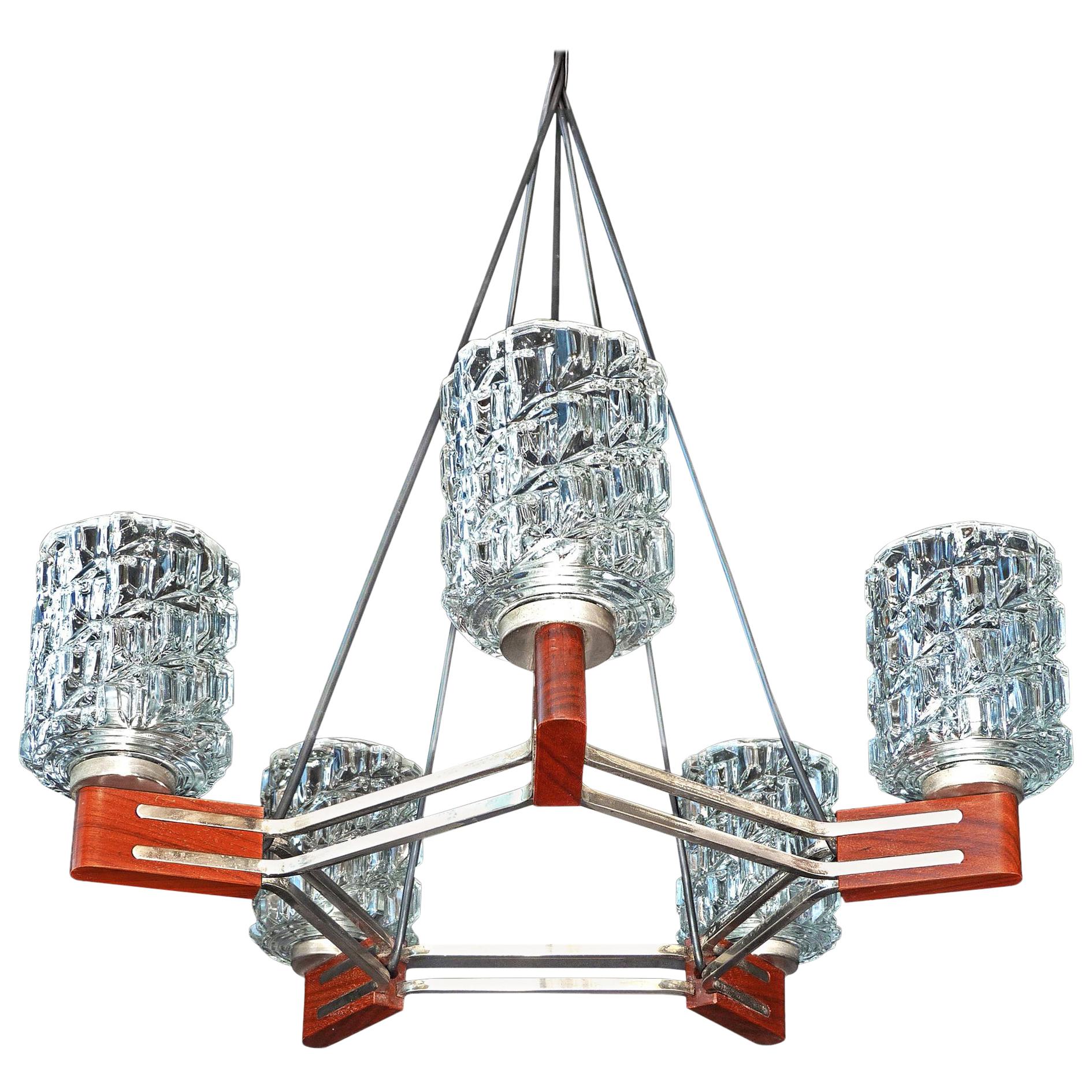 Mid-Century Modern Chrome Ceiling Lamp Danish Teak Style Pendant Wood Chandelier