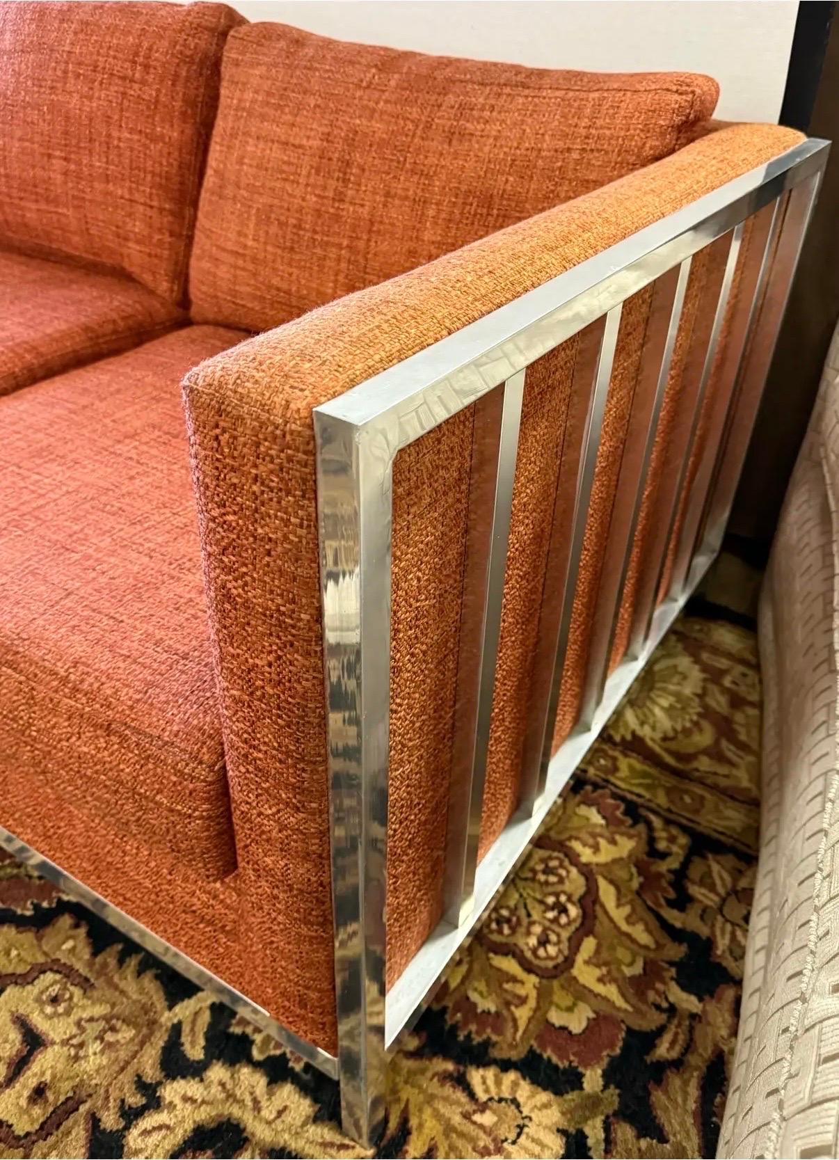 Fin du 20e siècle Canapé cubique chromé mi-siècle moderne avec tissu en tweed orange Knoll en vente